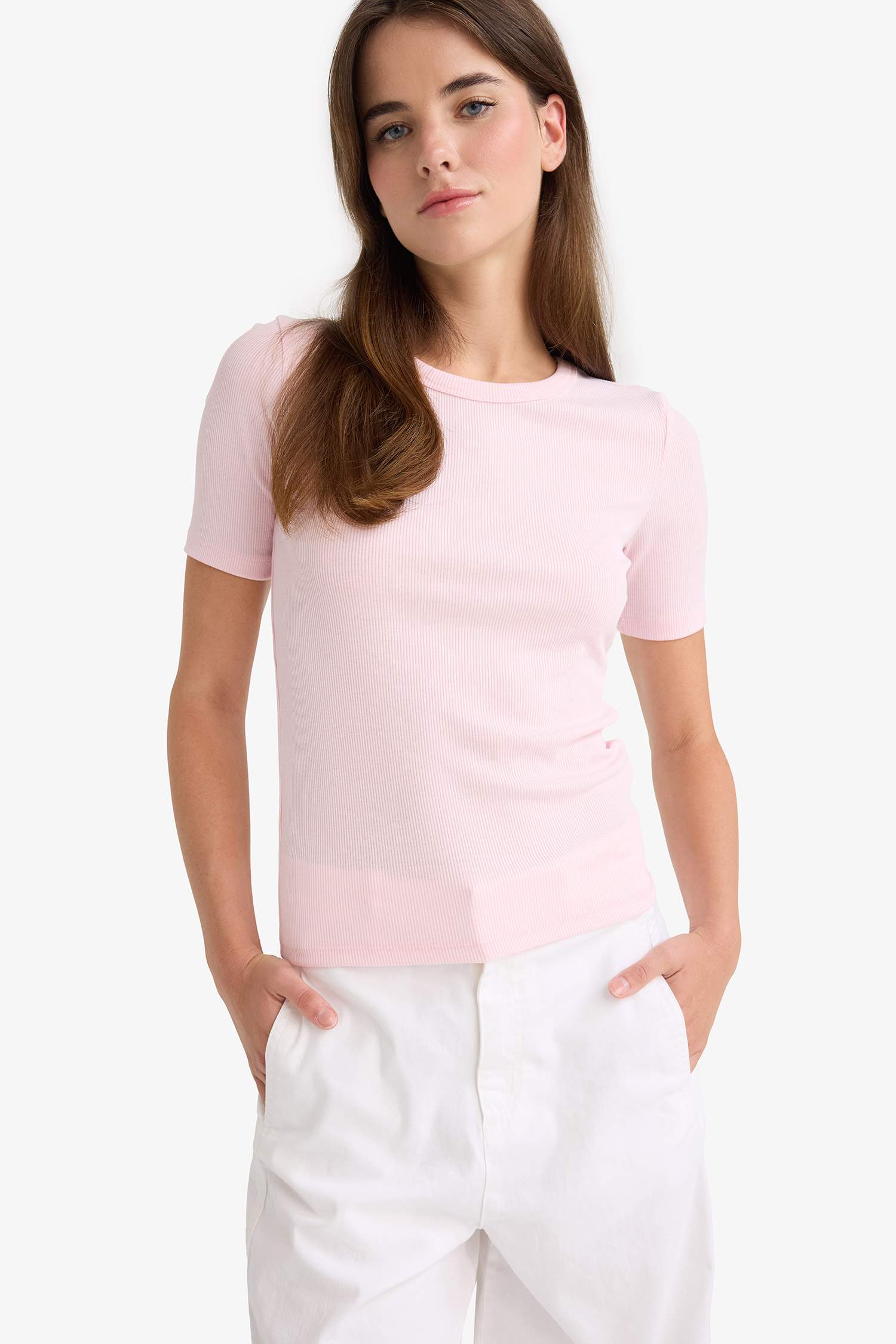 T-shirt slim côtelé basique à col rond