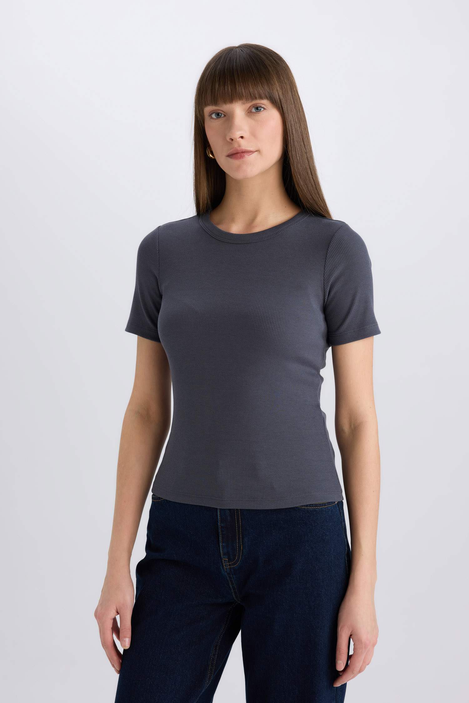 Slim Fit Dar Kesim Bisiklet Yaka Fitilli Kaşkorse Basic Düz Kısa Kollu Tişört