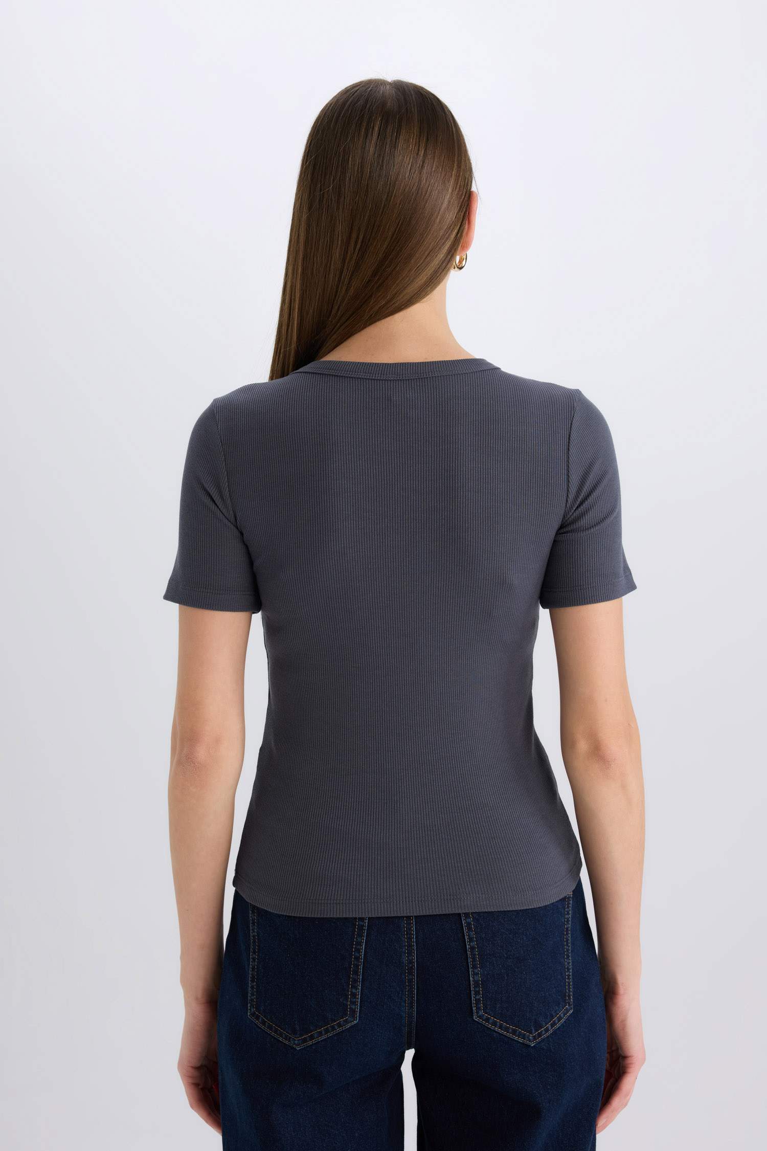 Slim Fit Dar Kesim Bisiklet Yaka Fitilli Kaşkorse Basic Düz Kısa Kollu Tişört