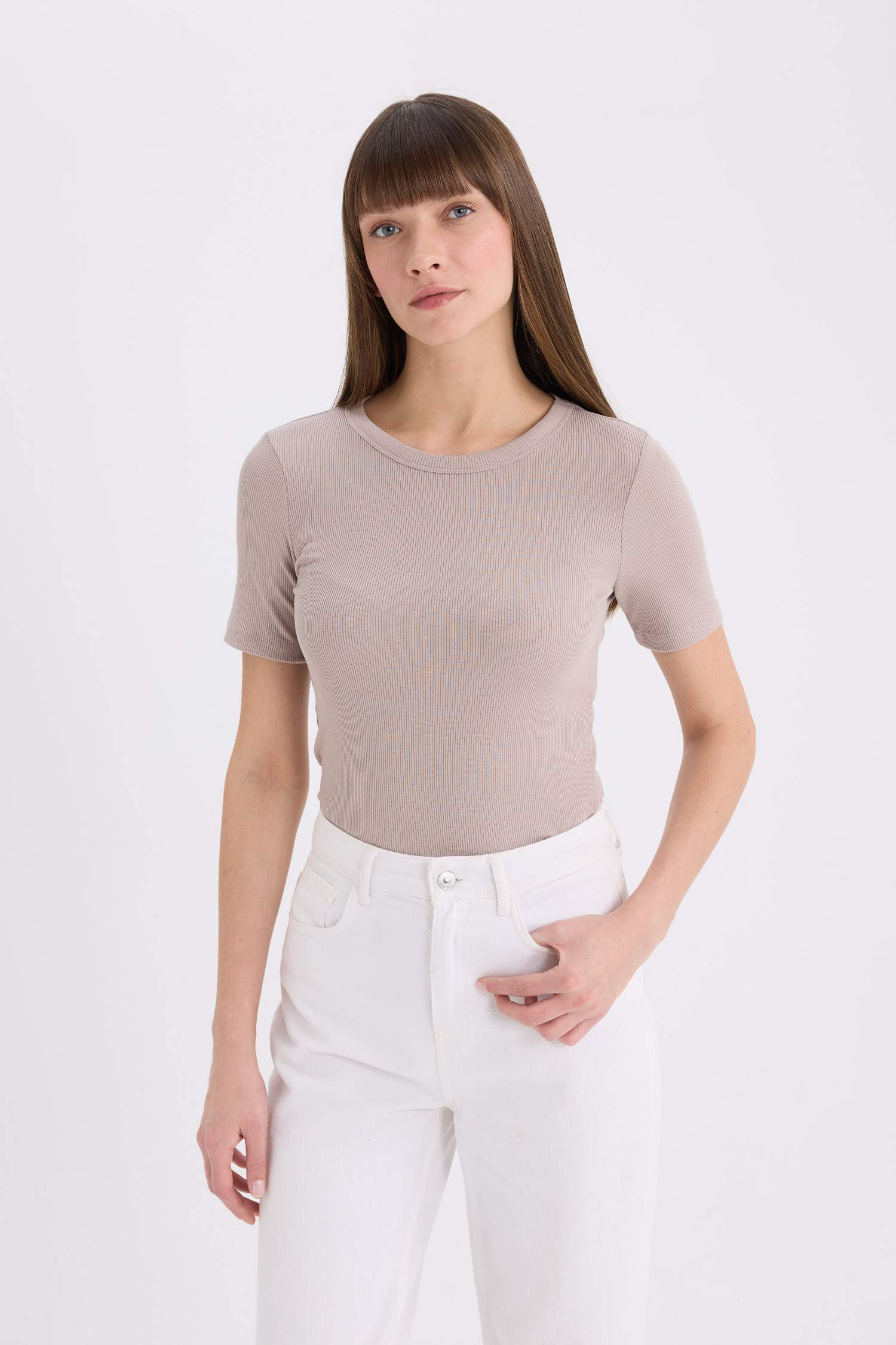 Slim Fit Dar Kesim Bisiklet Yaka Fitilli Kaşkorse Basic Düz Kısa Kollu Tişört