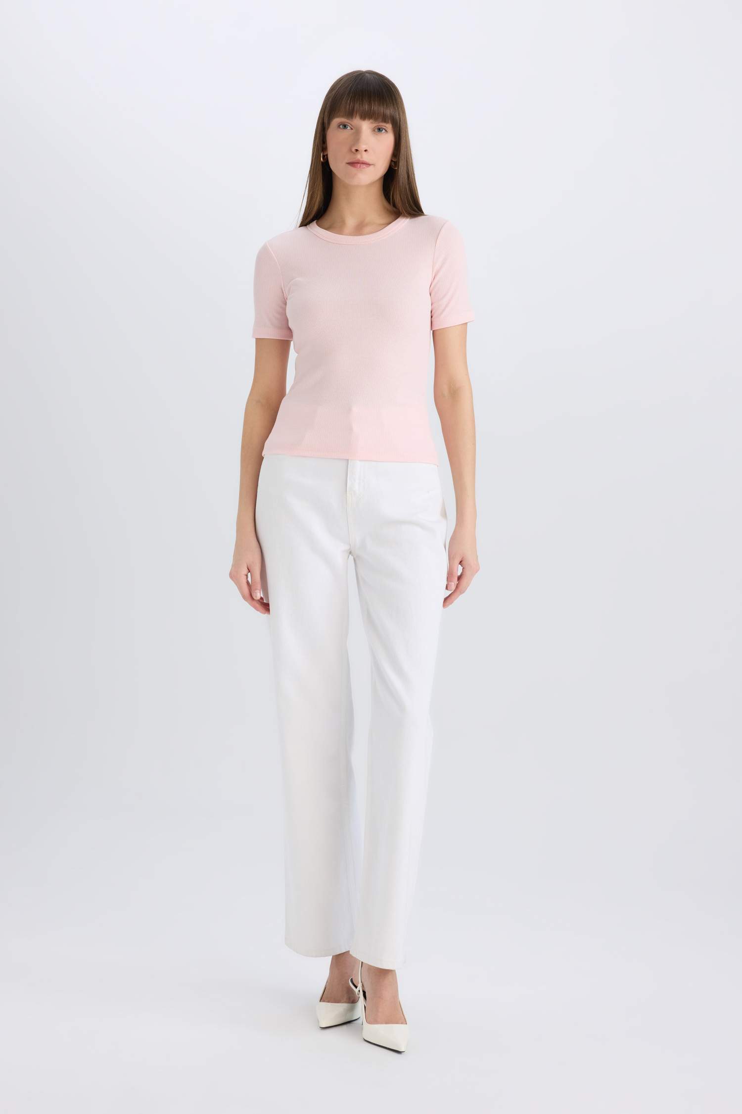 Slim Fit Dar Kesim Bisiklet Yaka Basic Düz Fitilli Kaşkorse Kısa Kollu Tişört