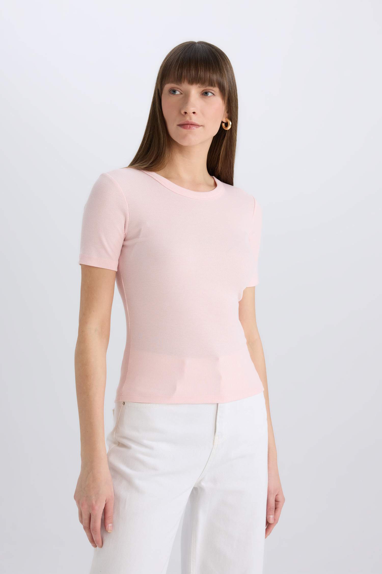 Slim Fit Dar Kesim Bisiklet Yaka Basic Düz Fitilli Kaşkorse Kısa Kollu Tişört