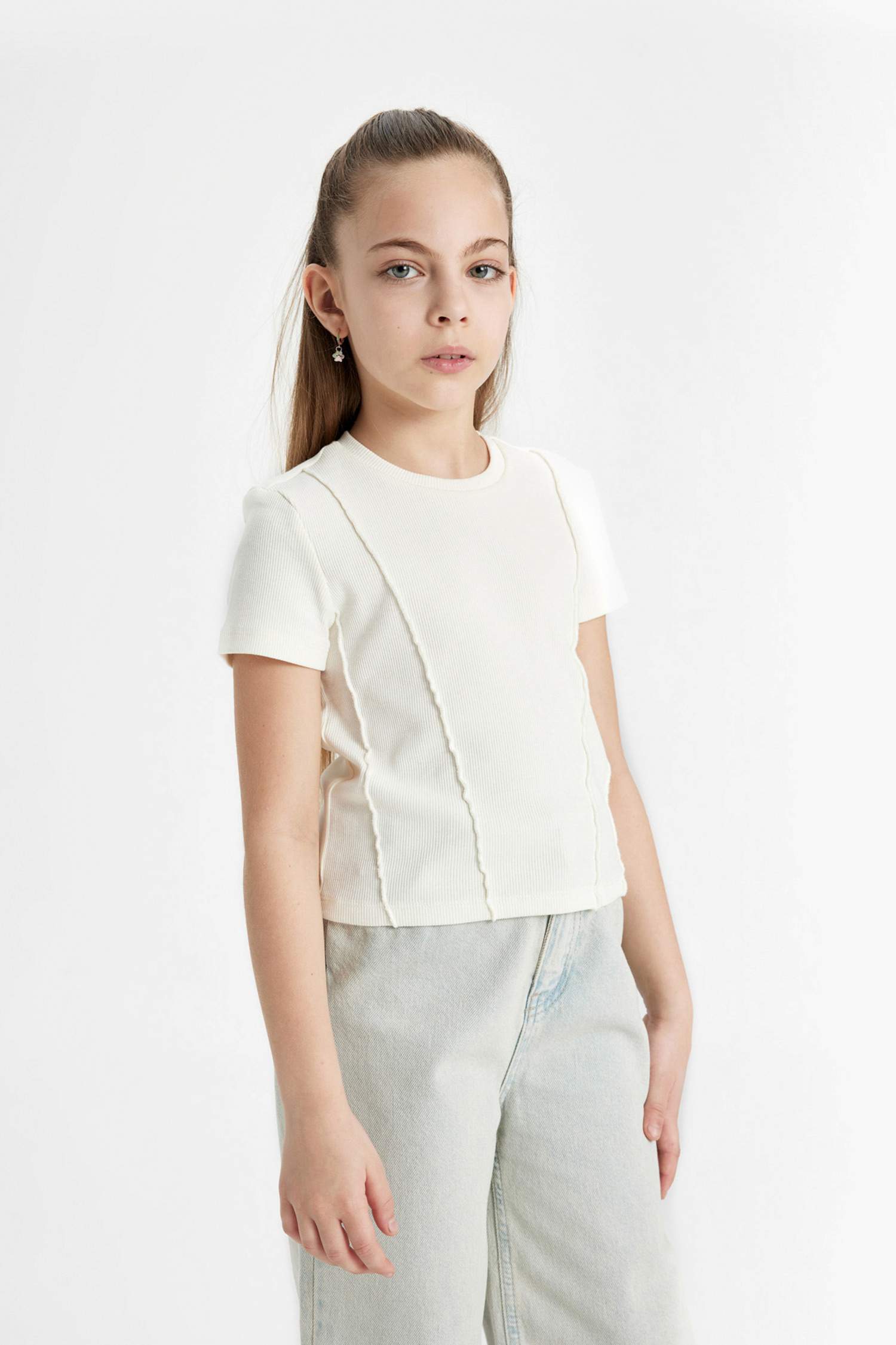 Girl Slim Fit Ribbed Short Sleeve T-Shirt