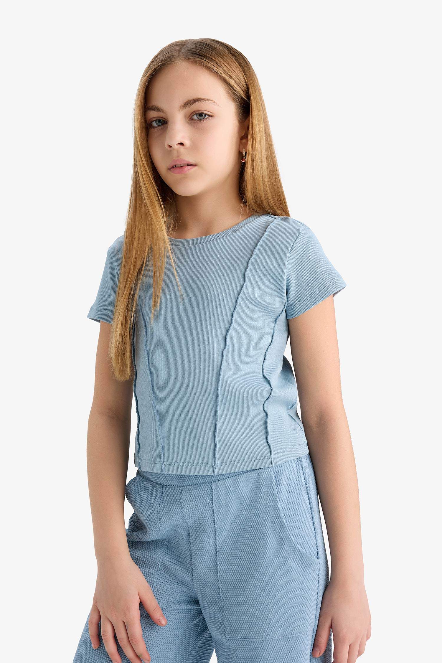 Girl Slim Fit Crew Neck Basic Ribbed T-Shirt