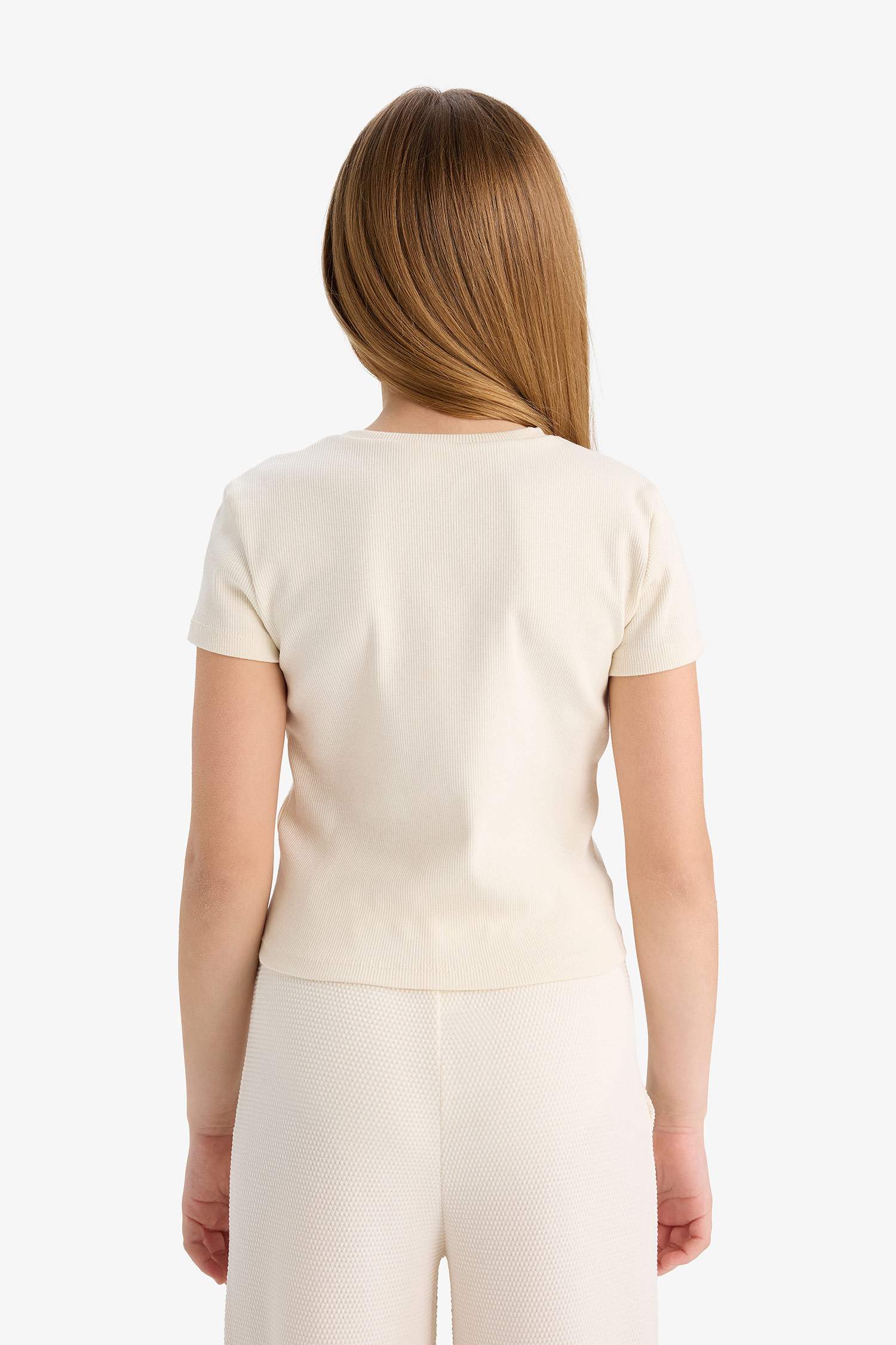 Kız Çocuk Slim Fit Dar Kesim Bisiklet Yaka Basic Düz Ribana Kısa Kollu Tişört