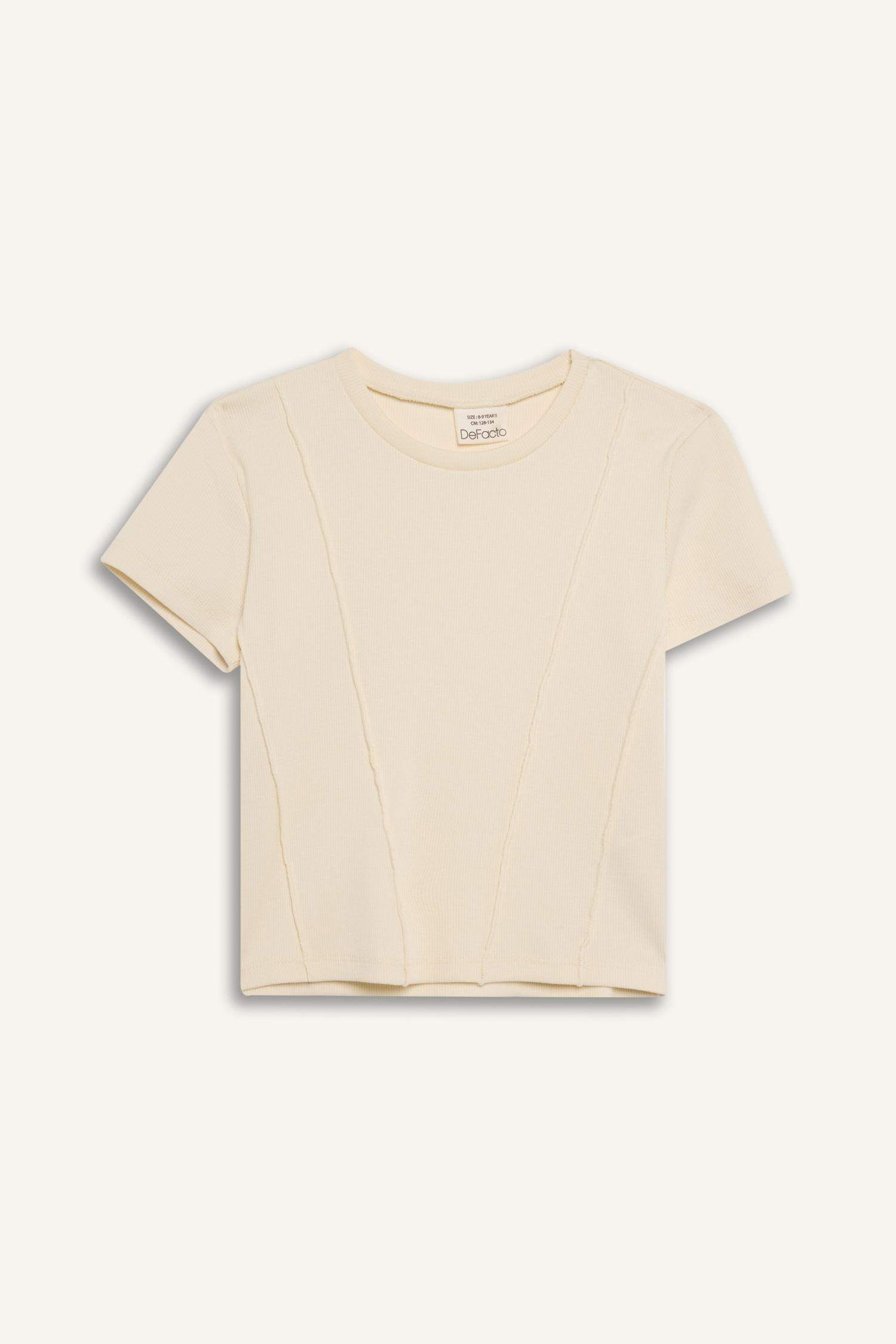 Kız Çocuk Slim Fit Dar Kesim Bisiklet Yaka Basic Düz Ribana Kısa Kollu Tişört