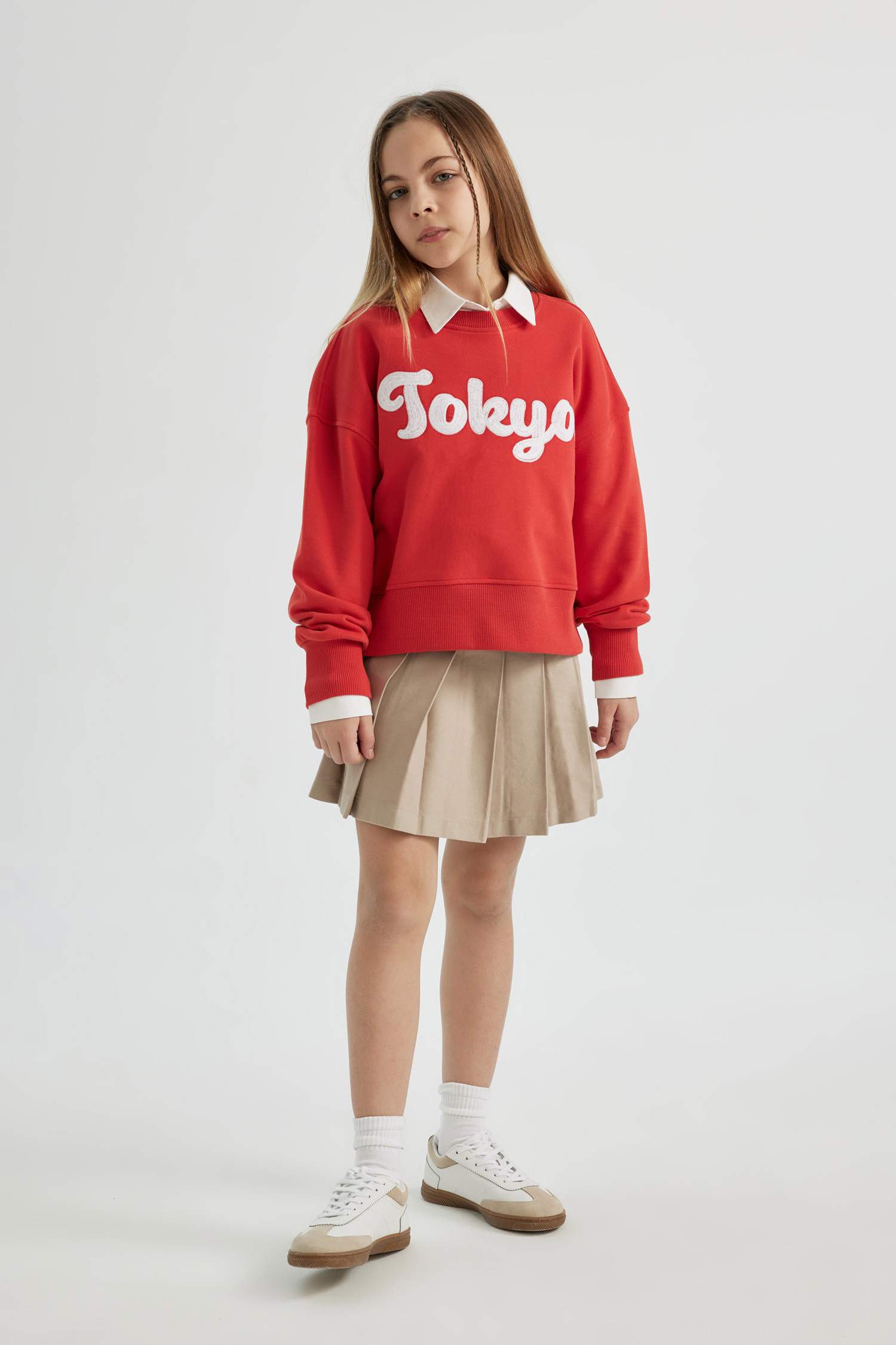 Jupe en Gabardine à Plis et à coupe régulière Pour Fille