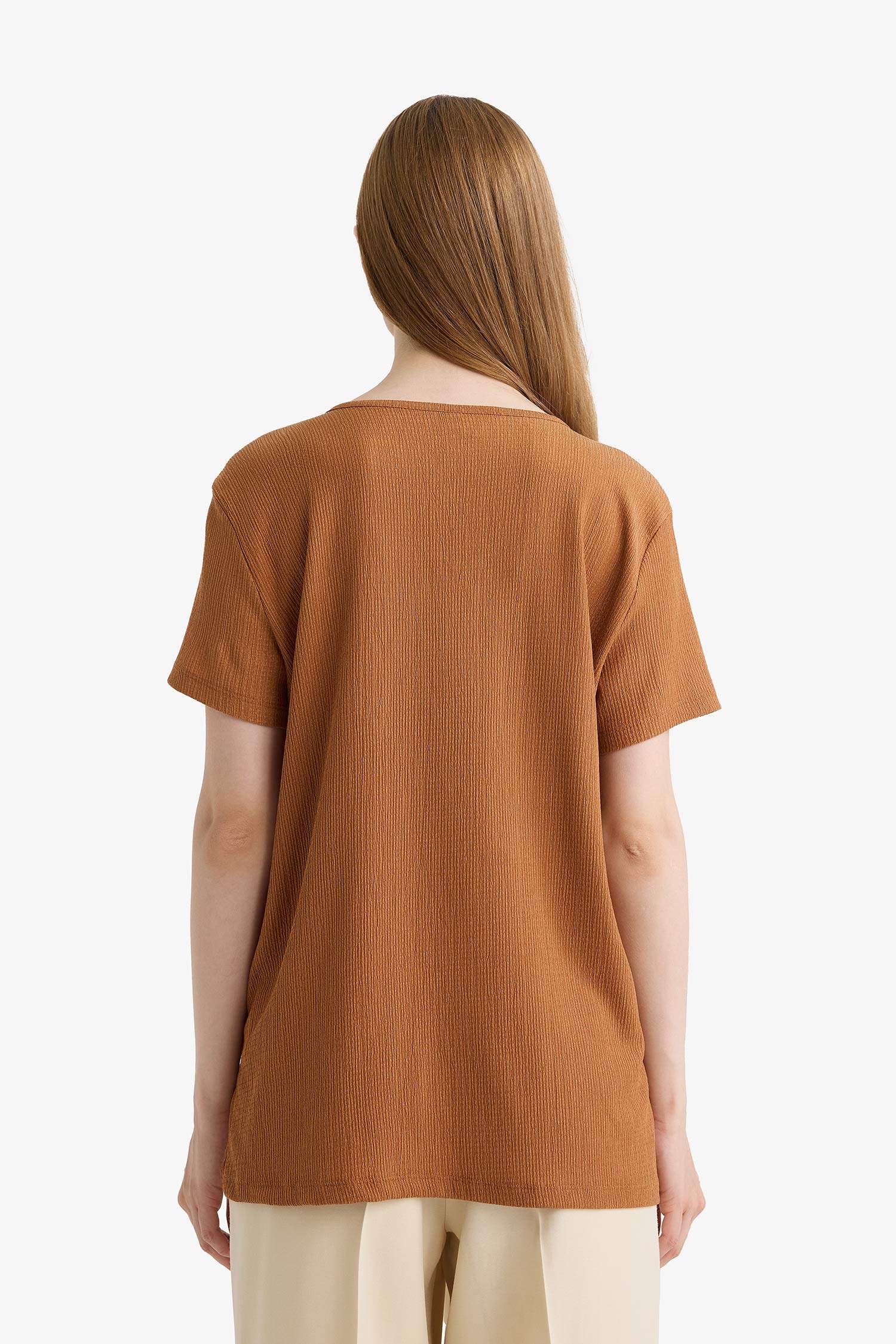 Bisiklet Yaka Basic Düz Bürümcük Kısa Kollu Tişört