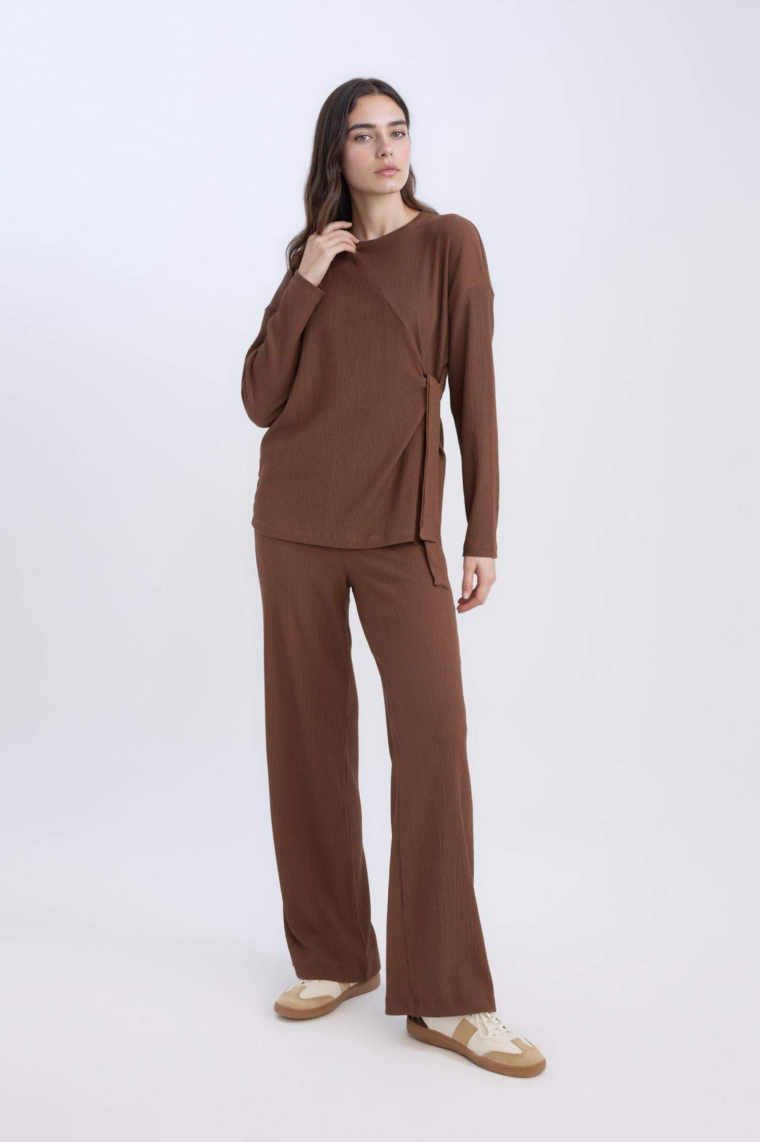 Bürümcük Pantolon Wide Leg Geniş Bol Paça Beli Lastikli