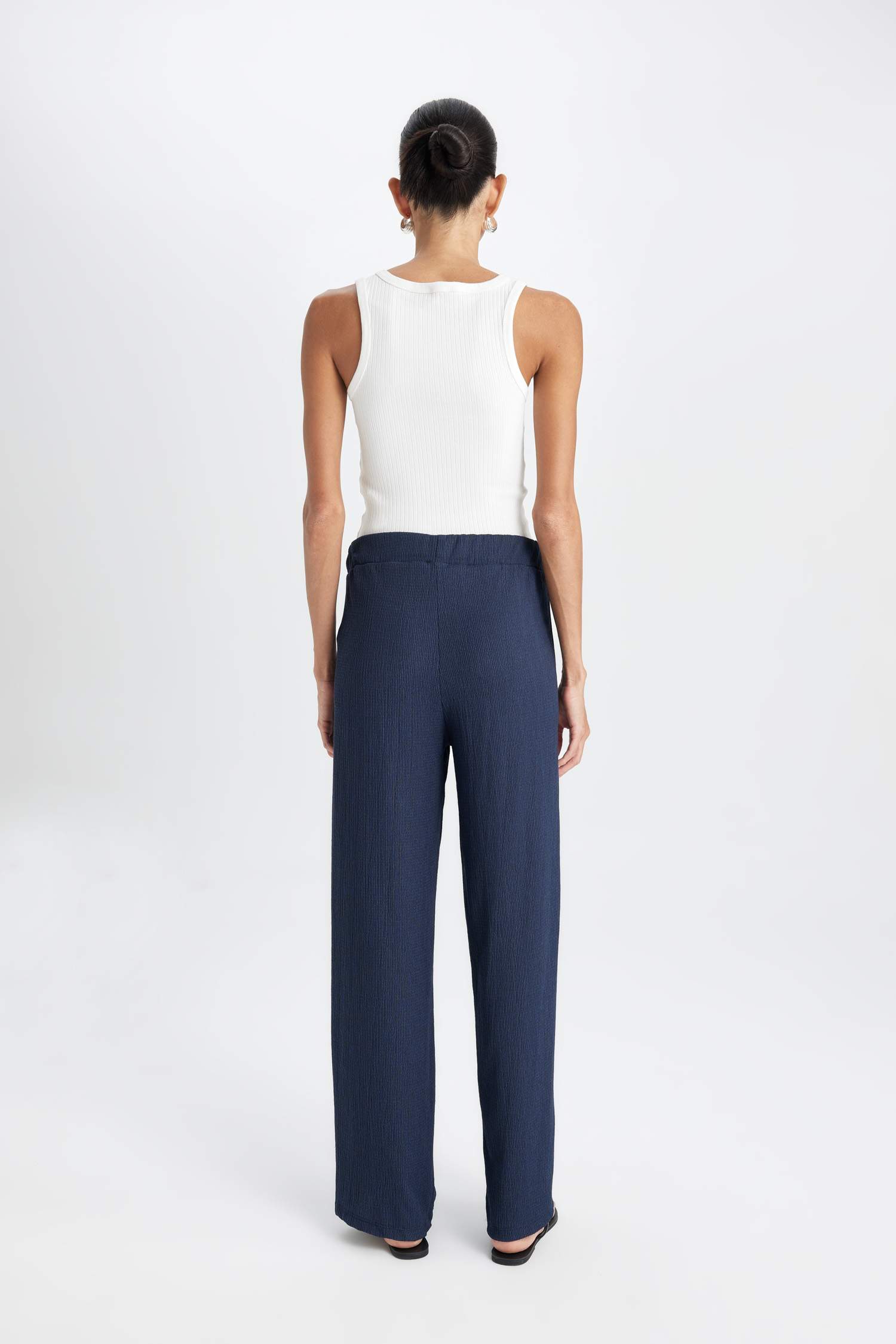 Bürümcük Pantolon Lacivert Wide Leg Geniş Bol Paça Beli Lastikli