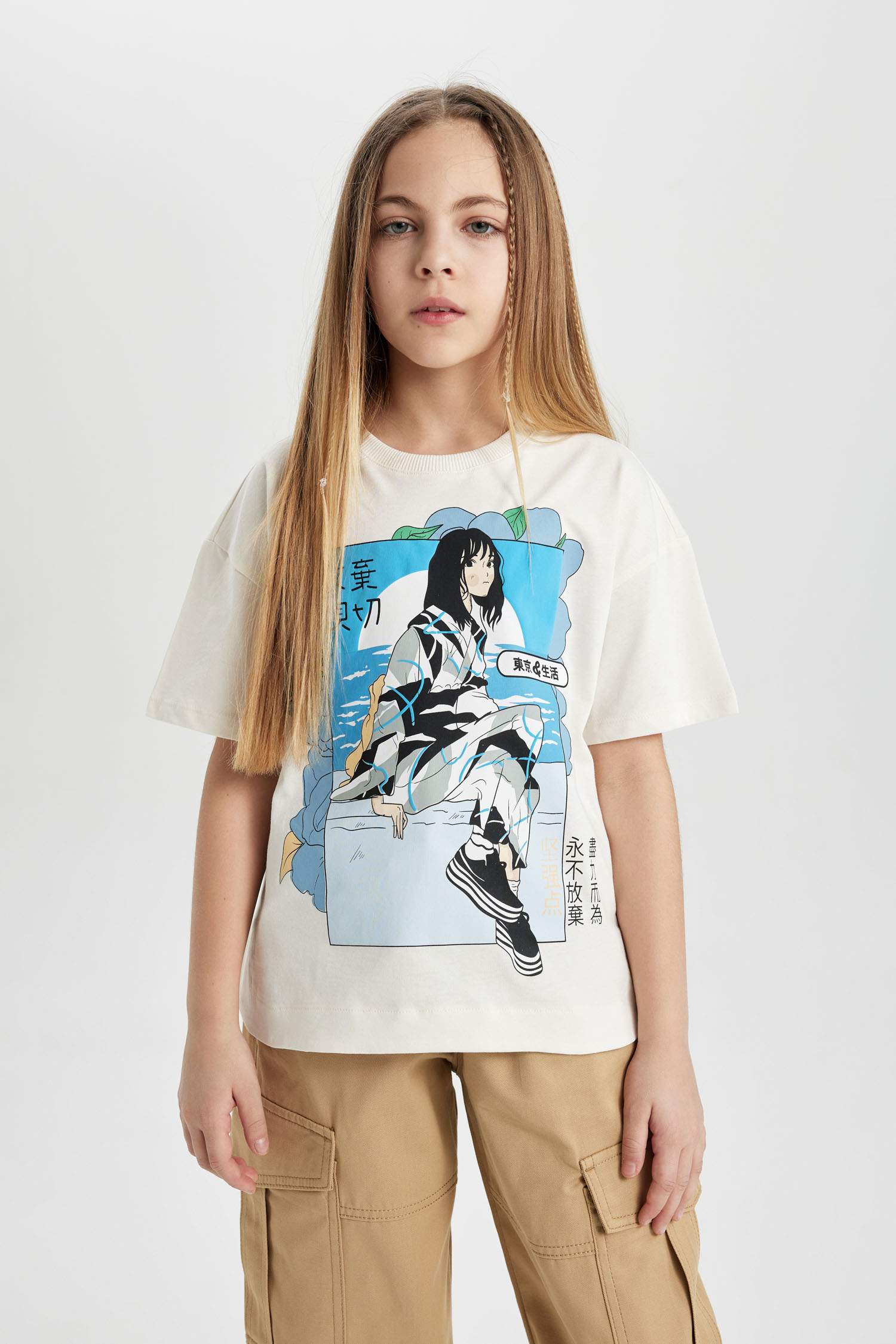 Kız Çocuk Oversize Geniş Kalıp Bisiklet Yaka Baskılı Kısa Kollu Tişört