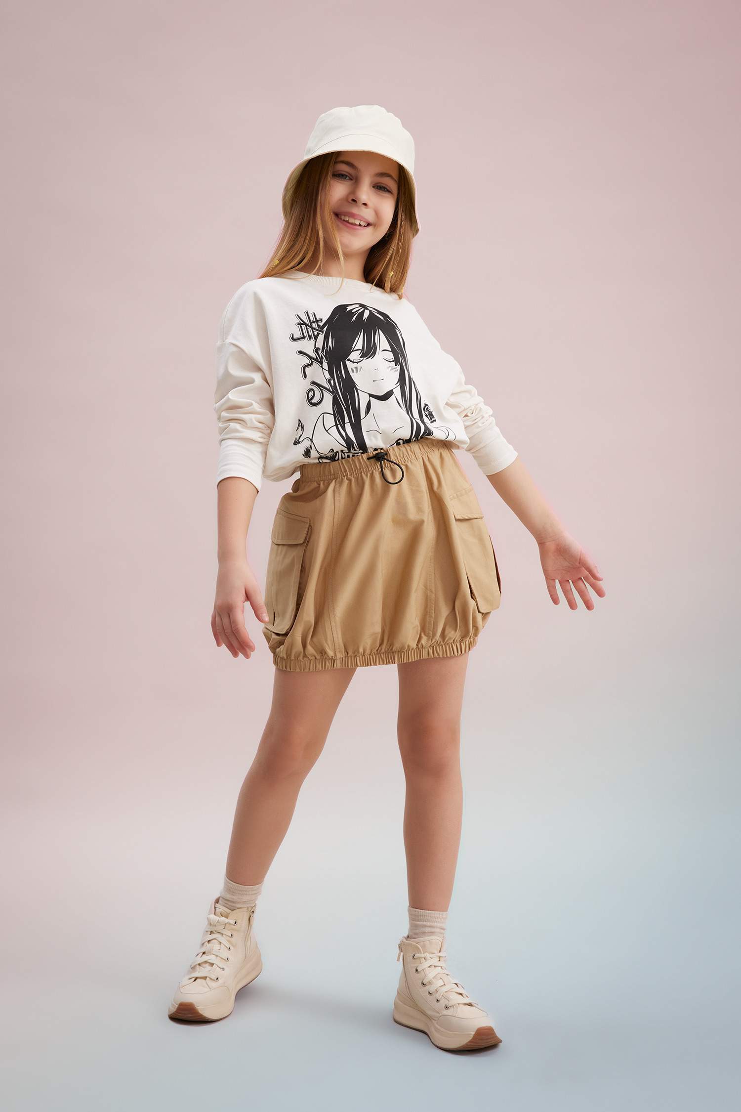 Kız Çocuk Oversize Geniş Kalıp Bisiklet Yaka Baskılı Uzun Kollu Tişört