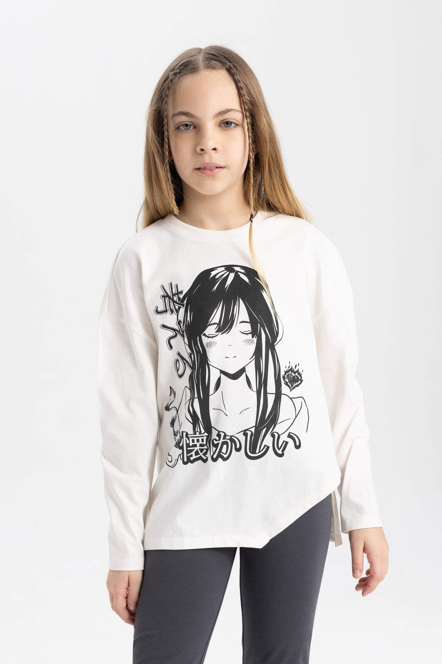 Kız Çocuk Oversize Geniş Kalıp Bisiklet Yaka Baskılı Uzun Kollu Tişört