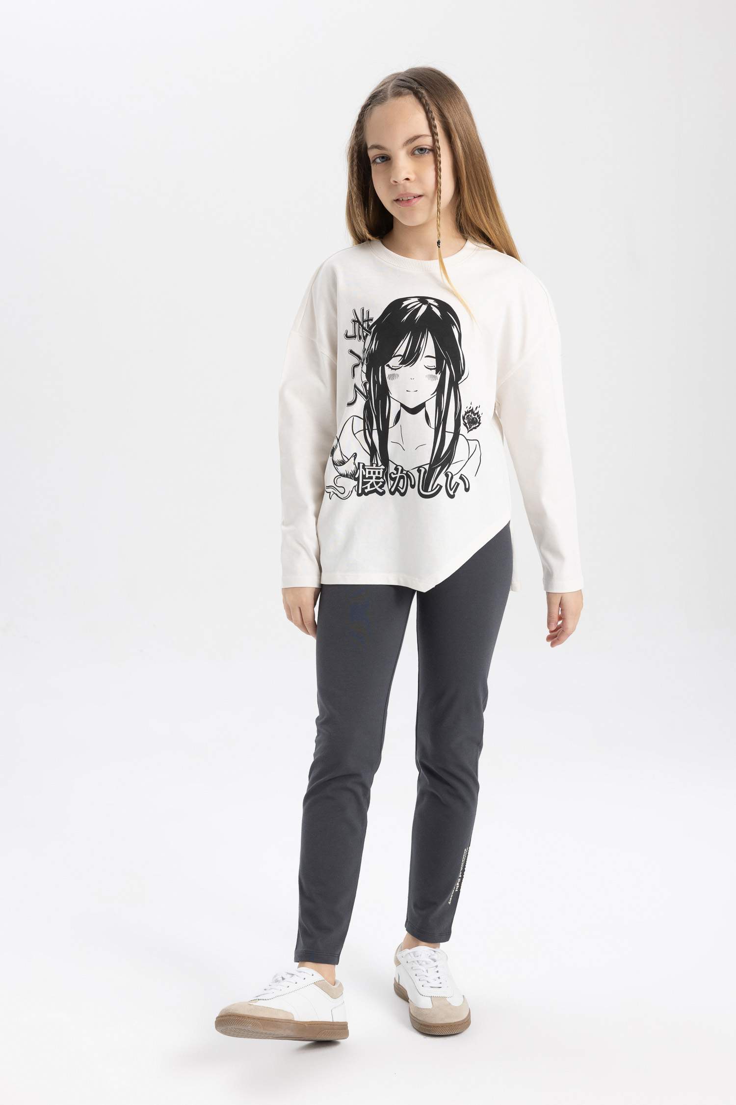 Kız Çocuk Oversize Geniş Kalıp Bisiklet Yaka Baskılı Uzun Kollu Tişört