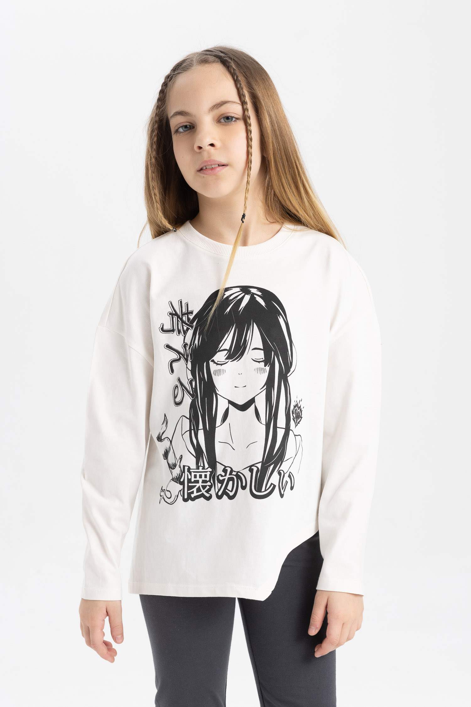 Kız Çocuk Oversize Geniş Kalıp Bisiklet Yaka Baskılı Uzun Kollu Tişört