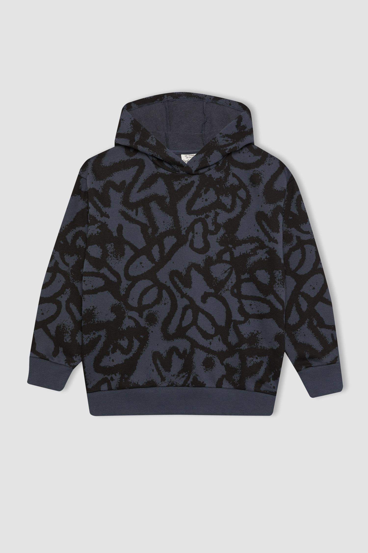 Erkek Çocuk Oversize Geniş Kalıp Desenli Kapüşonlu Sweatshirt