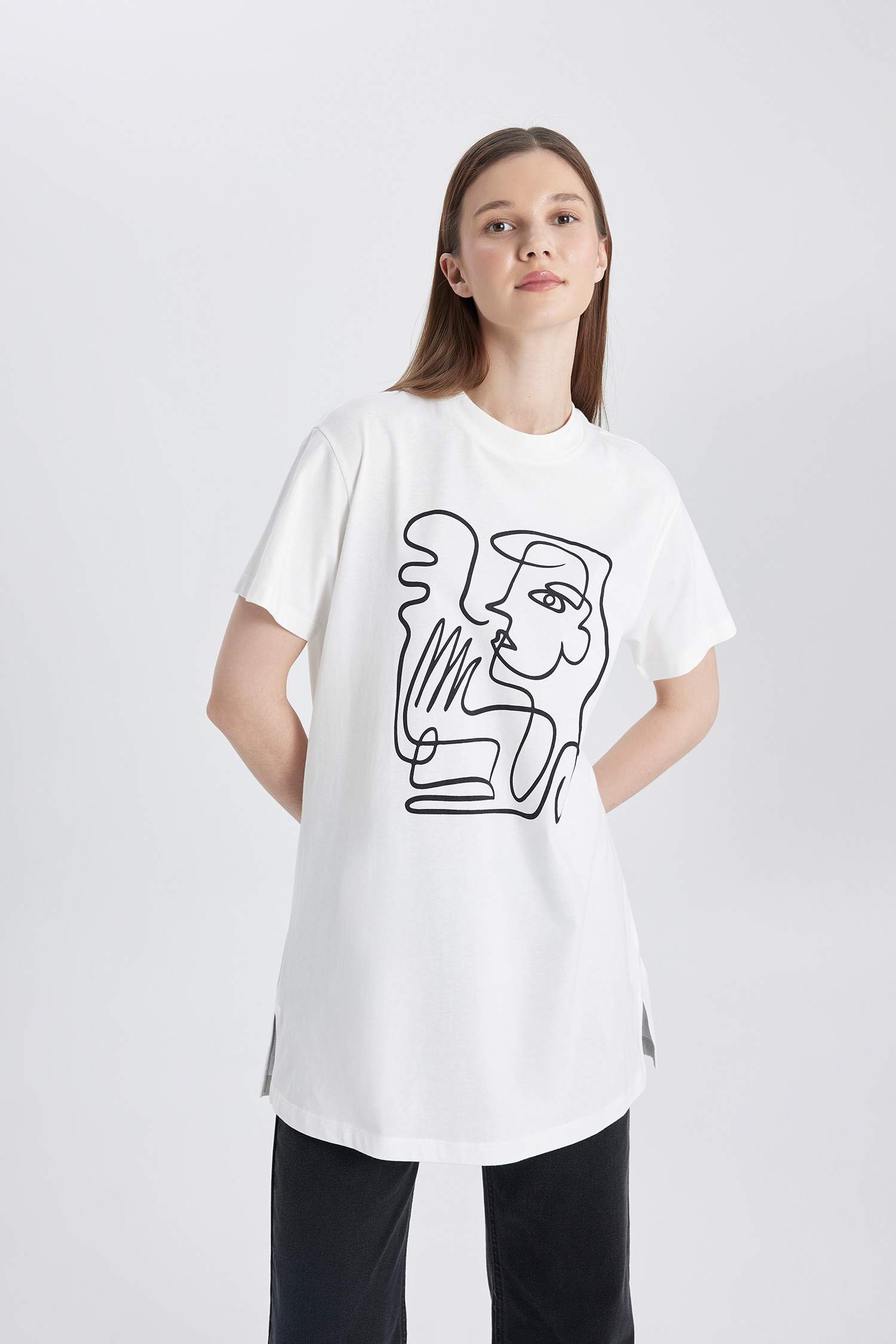 Tunique coupe régulière Coton épais imprimé Col Rond à Manches Courtes