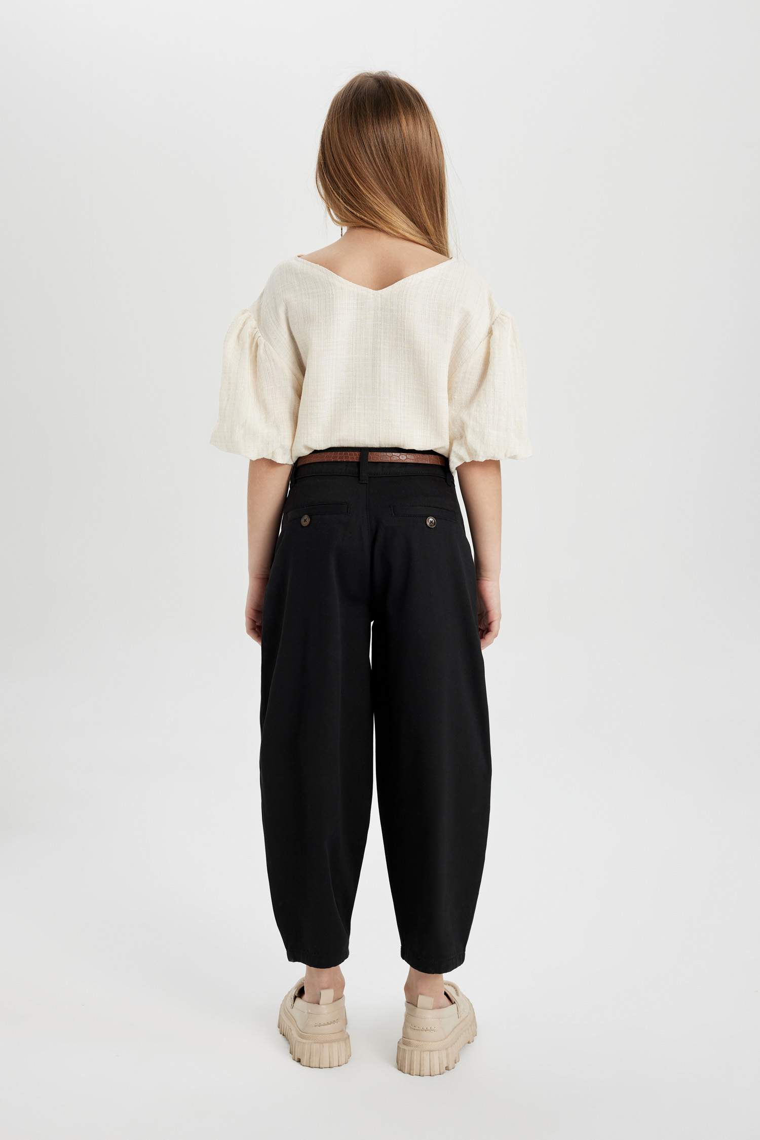 Girl Barrel Fit Wide Leg Cotton Belted Trousers