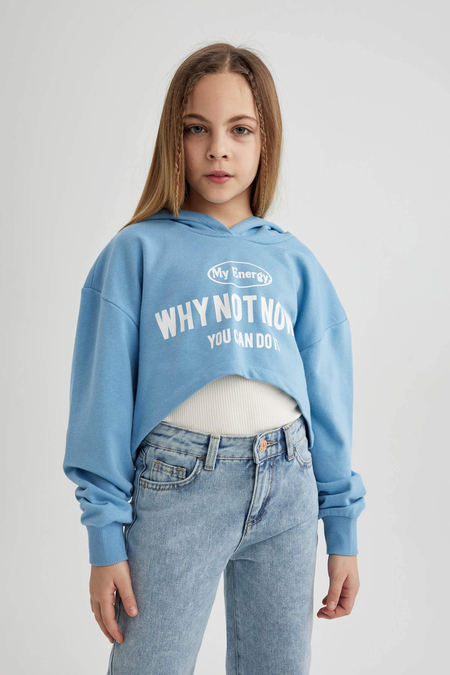 Kız Çocuk Oversize Geniş Kalıp Baskılı Kapüşonlu Crop Sweatshirt