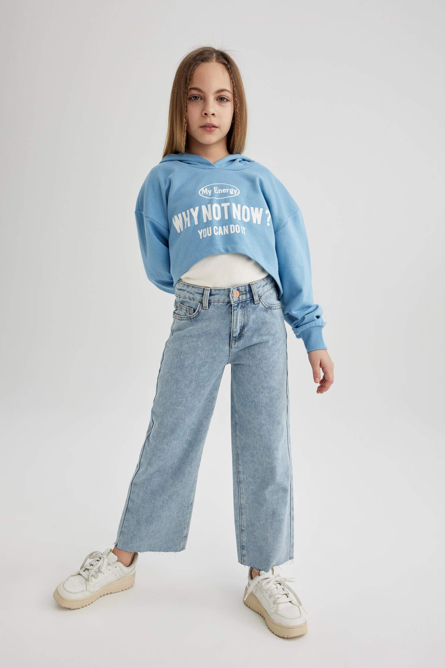 Kız Çocuk Oversize Geniş Kalıp Baskılı Kapüşonlu Crop Sweatshirt