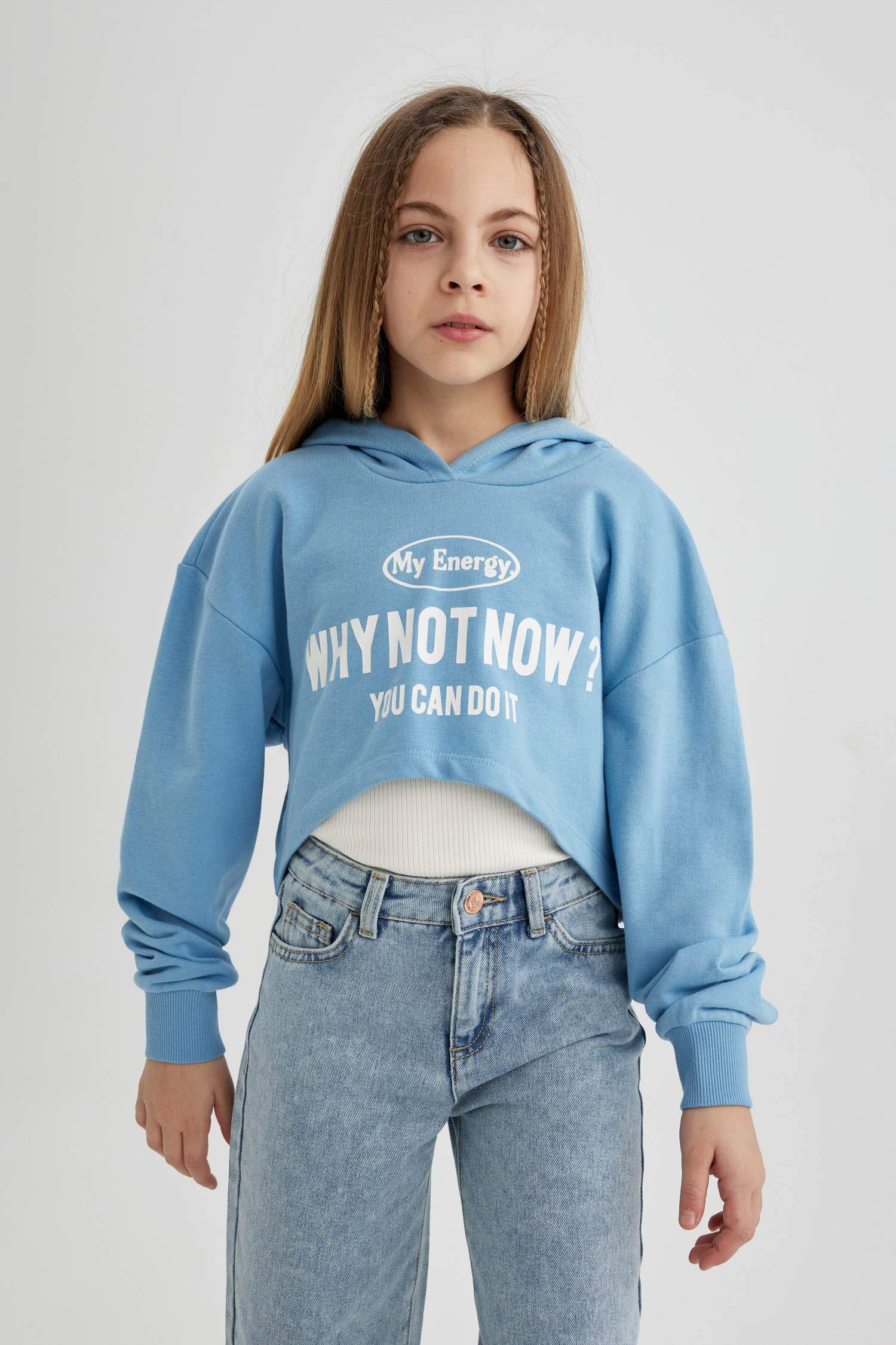 Kız Çocuk Oversize Geniş Kalıp Baskılı Kapüşonlu Crop Sweatshirt