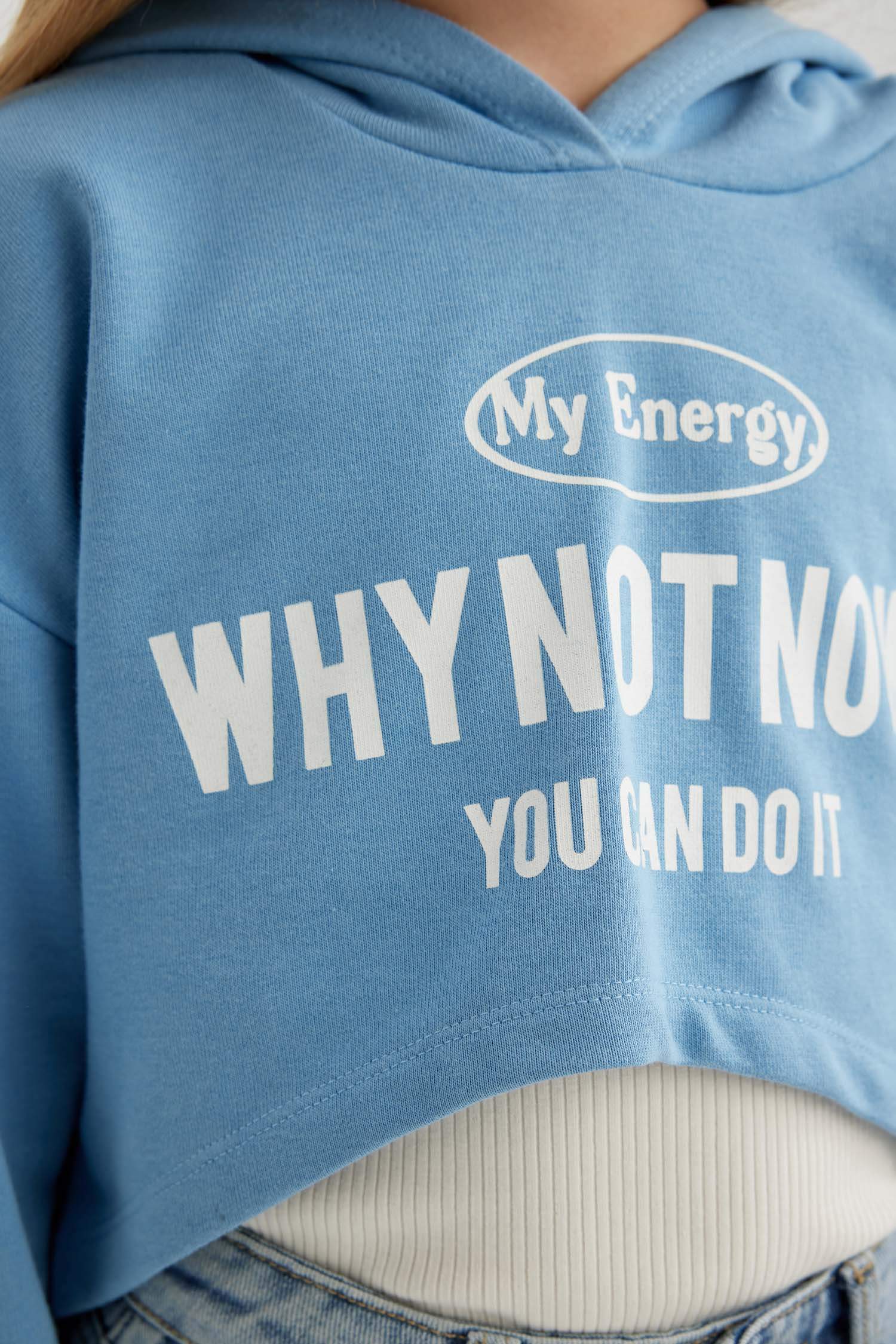 Kız Çocuk Oversize Geniş Kalıp Baskılı Kapüşonlu Crop Sweatshirt