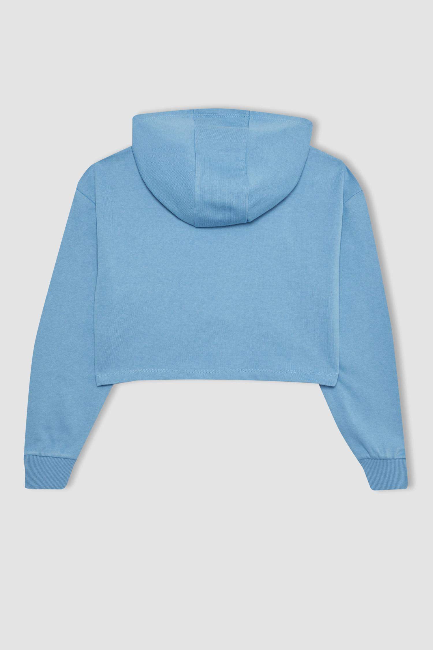 Kız Çocuk Oversize Geniş Kalıp Baskılı Kapüşonlu Crop Sweatshirt