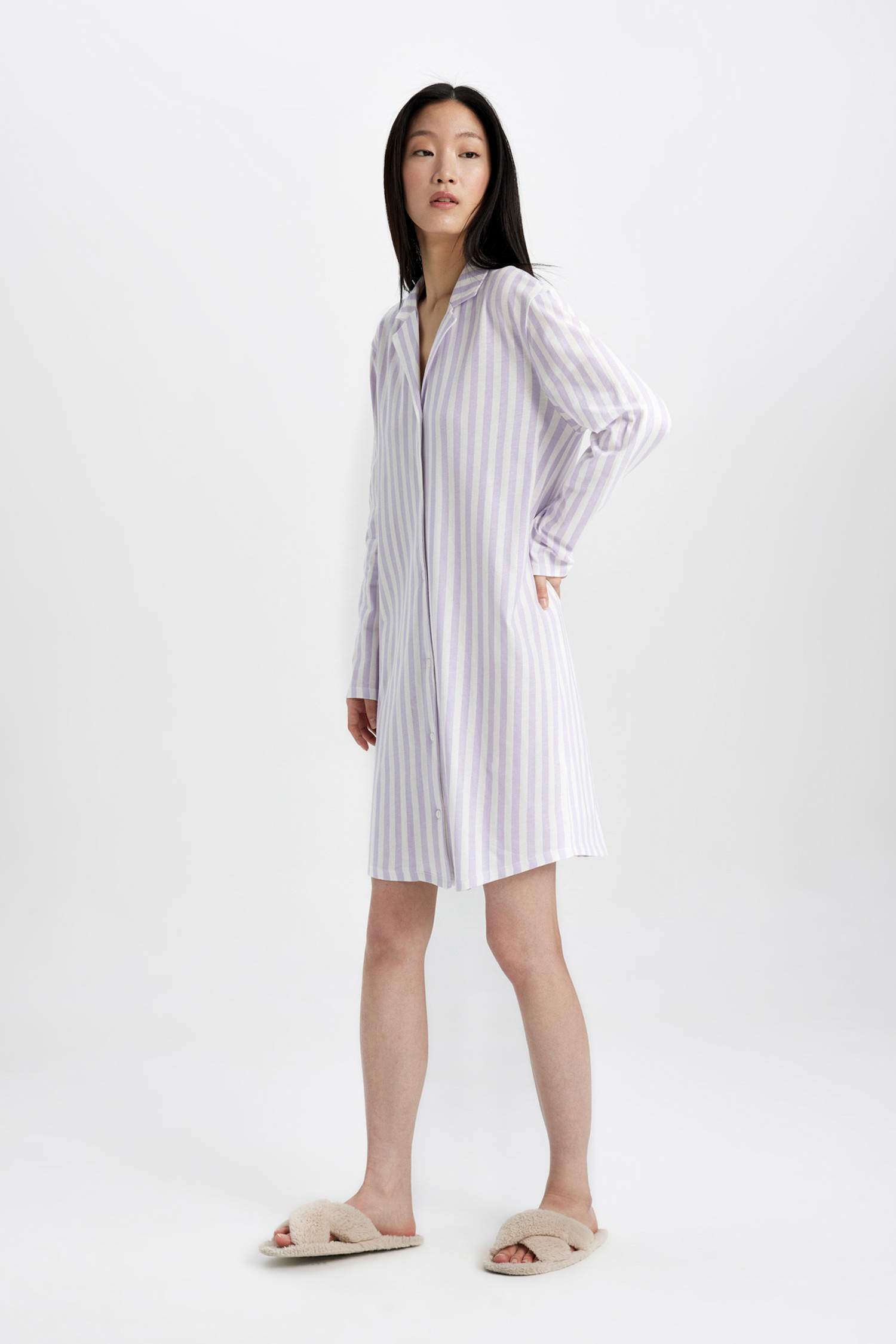 Çizgili Pijama Yaka Uzun Kollu Gecelik-Fall in Love 