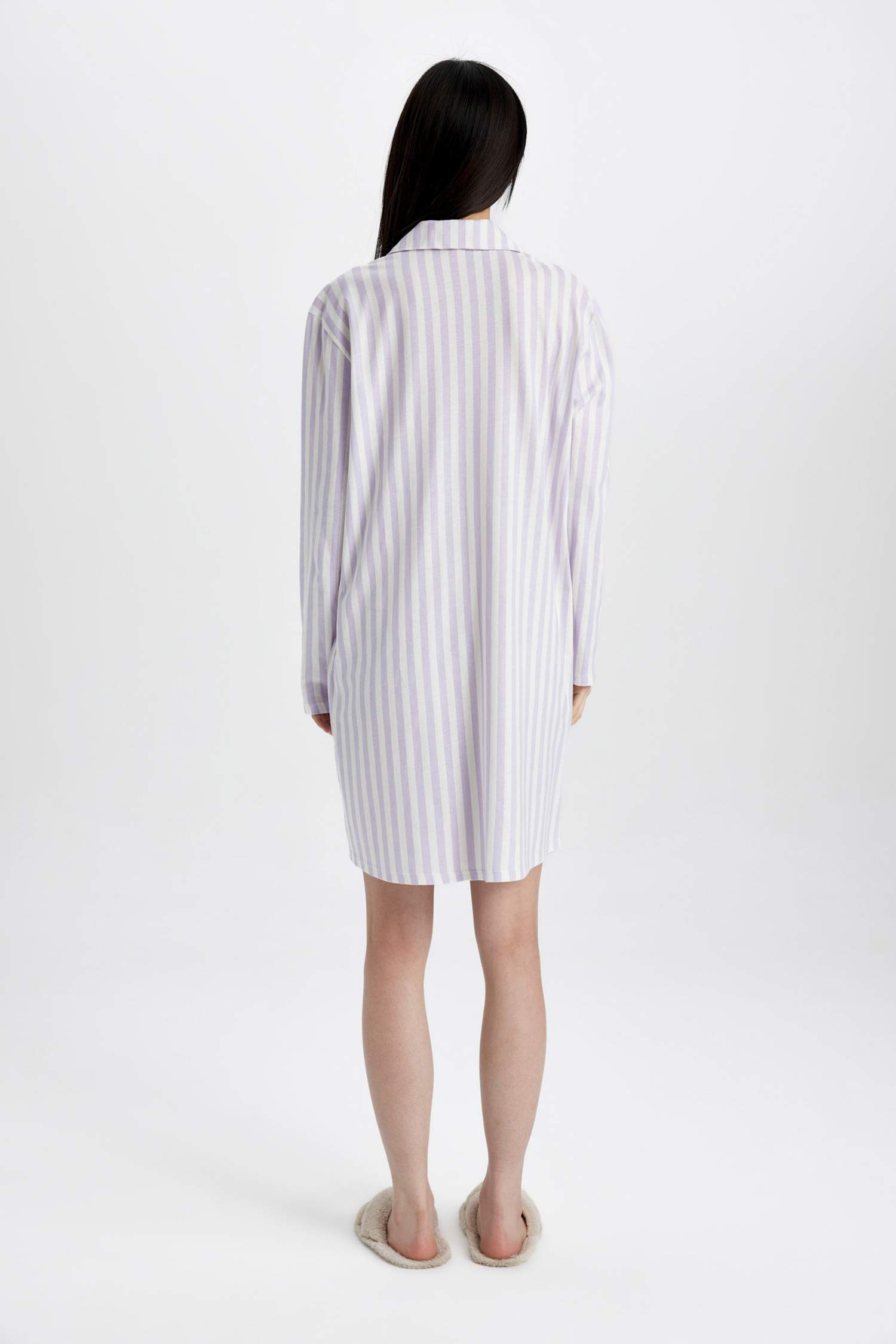 Çizgili Pijama Yaka Uzun Kollu Gecelik-Fall in Love 