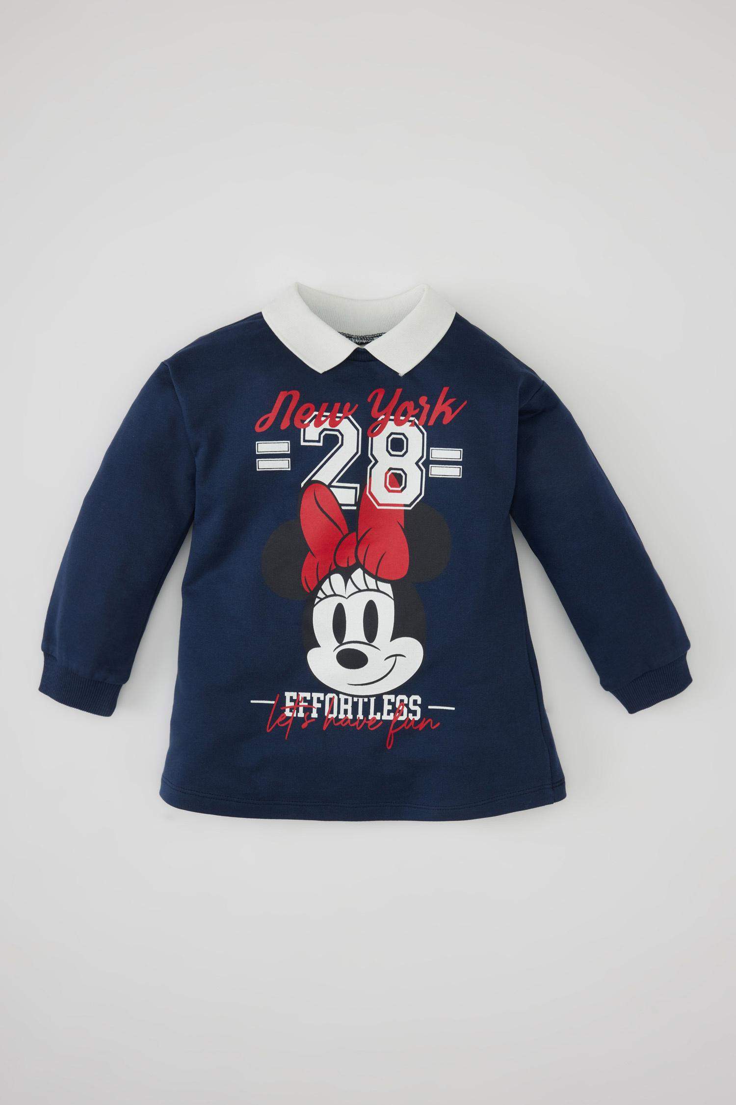 فستان قماش رقيق قصة عادية كم طويل بياقة قميص من ديزني ميكي وميني