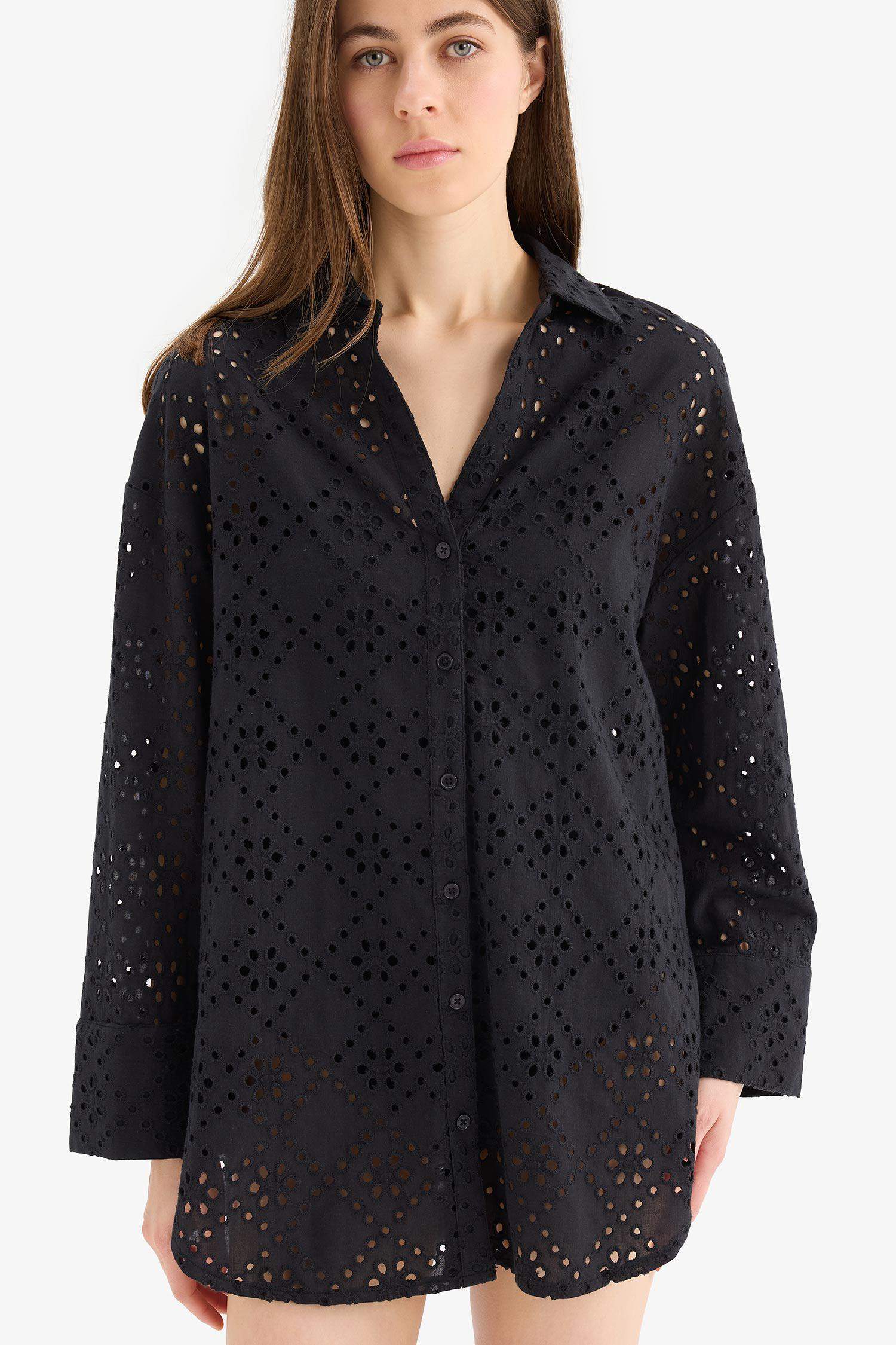 Regular Fit Pamuklu Brode Plaj Gömleği-Fall in Love