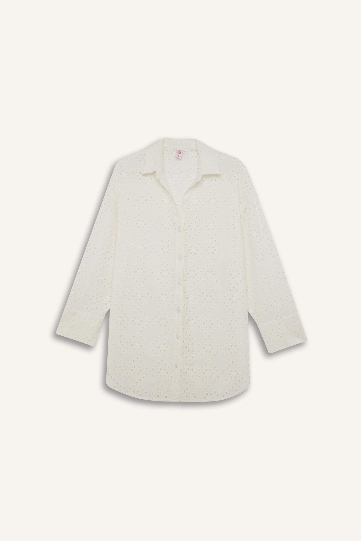 Pamuklu Delik İşlemeli Beyaz Plaj Gömleği