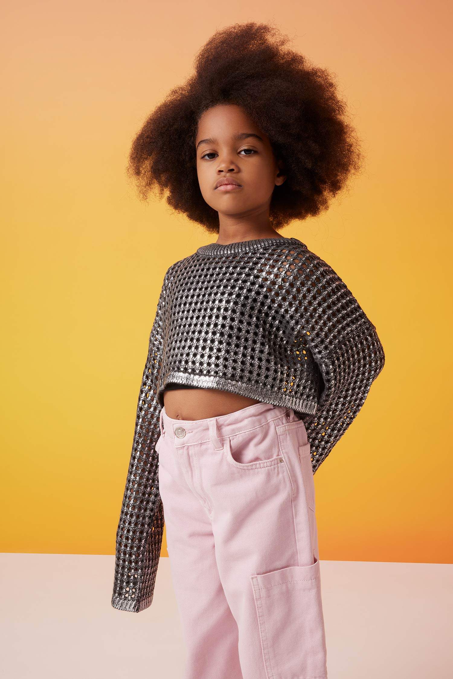 Kız Çocuk Crop Bisiklet Yaka Ajur Triko Kazak