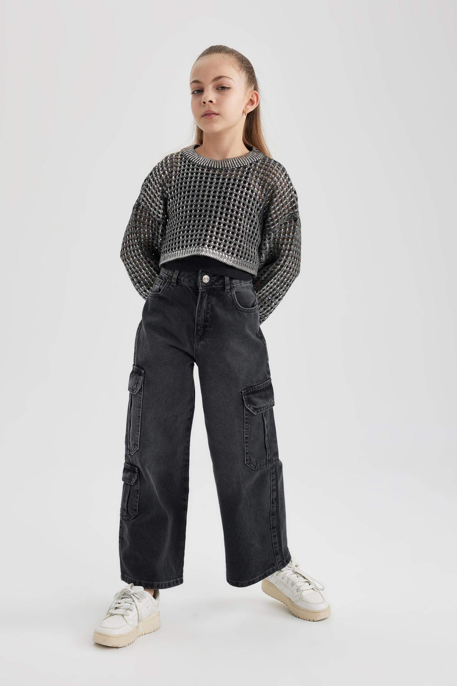 Kız Çocuk Crop Bisiklet Yaka Ajur Triko Kazak