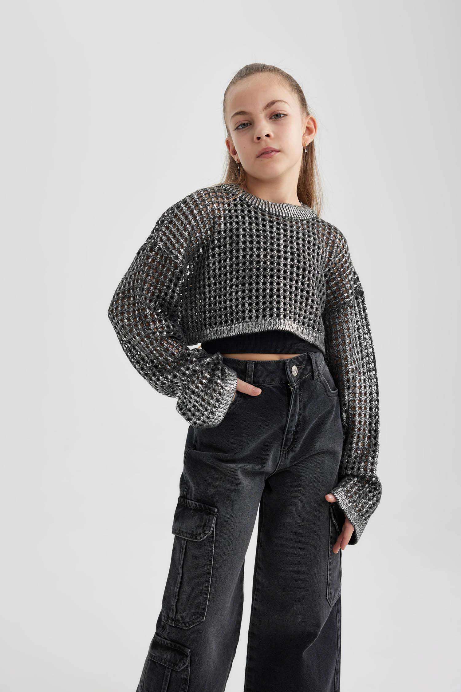 Kız Çocuk Crop Bisiklet Yaka Ajur Triko Kazak