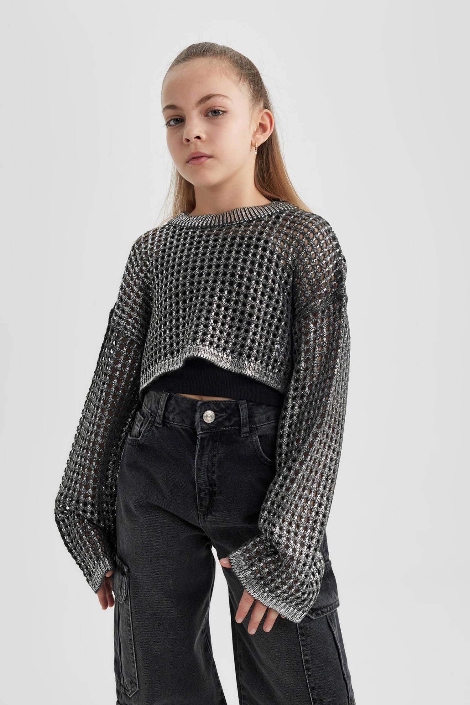 Kız Çocuk Crop Bisiklet Yaka Ajur Triko Kazak