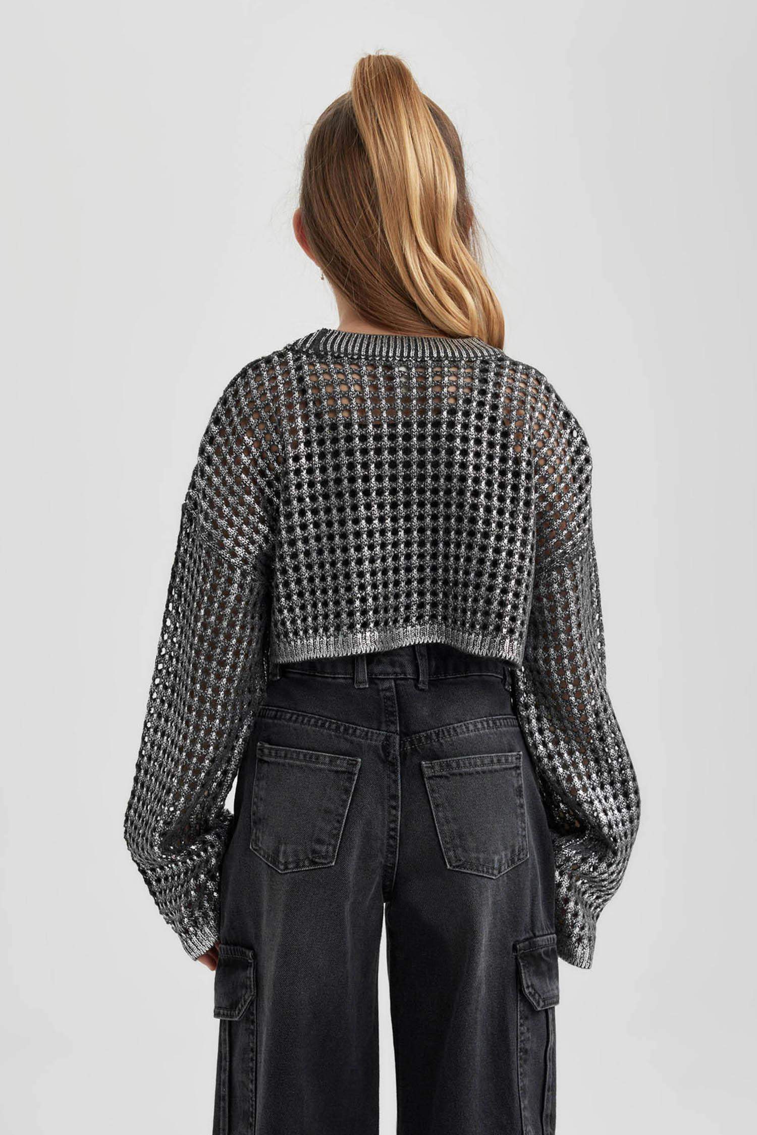 Kız Çocuk Crop Bisiklet Yaka Ajur Triko Kazak