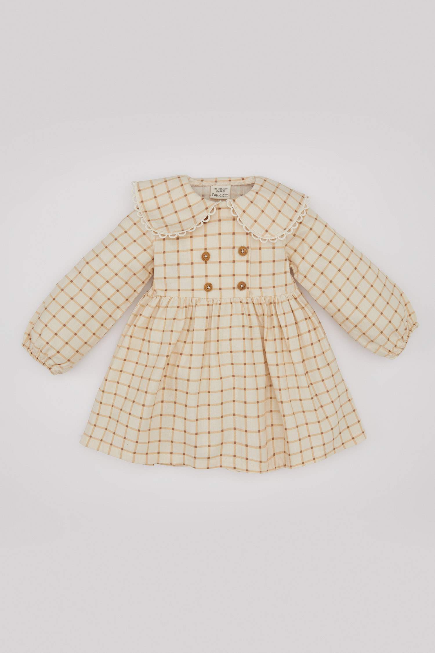 Kız Bebek Kareli Uzun Kollu Twill Elbise