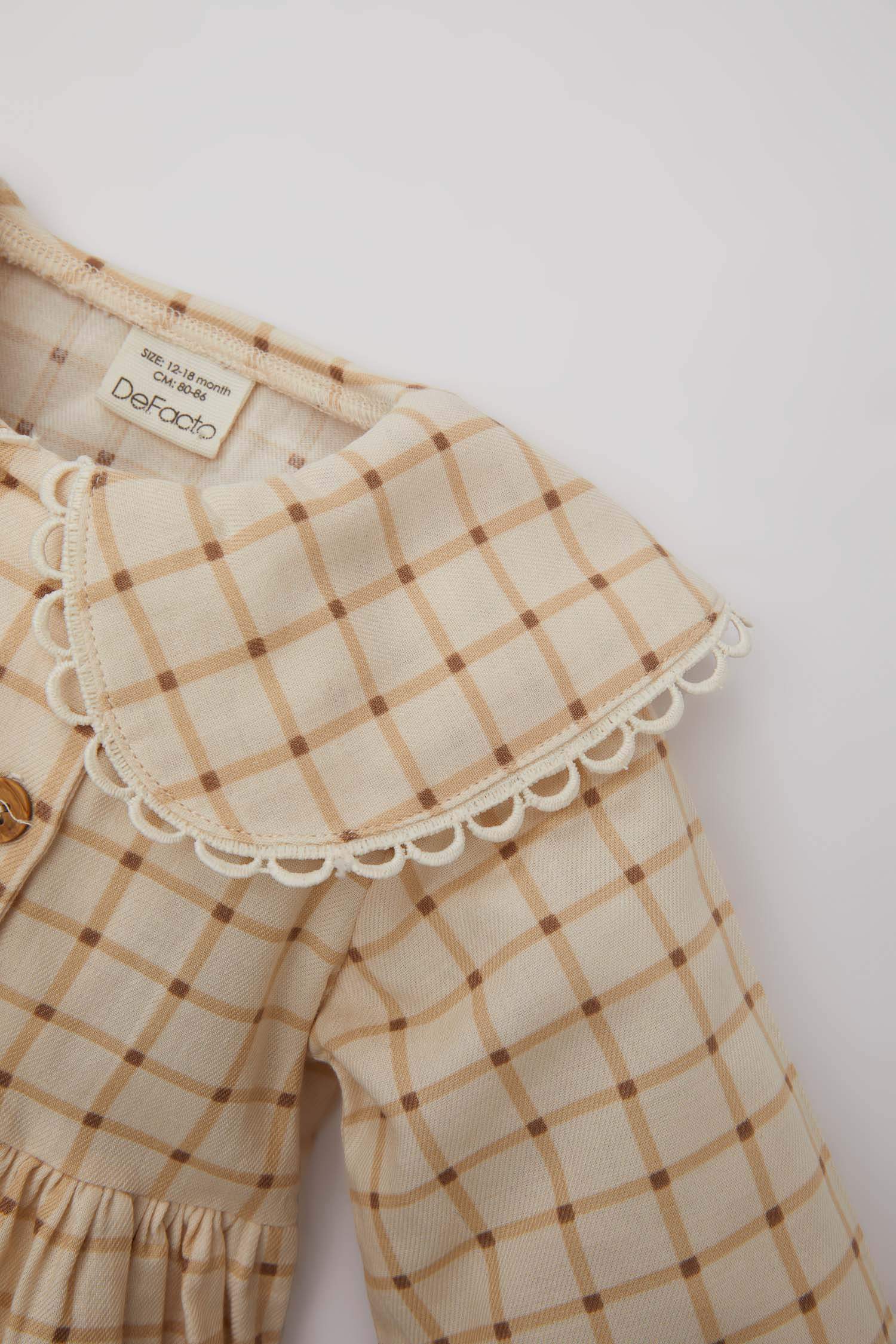 Kız Bebek Kareli Uzun Kollu Twill Elbise