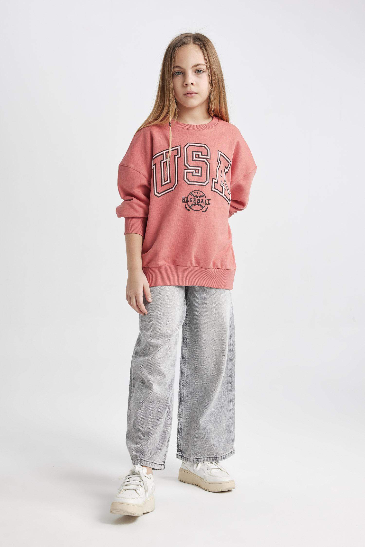 Kız Çocuk Oversize Geniş Kalıp Bisiklet Yaka Baskılı Sweatshirt