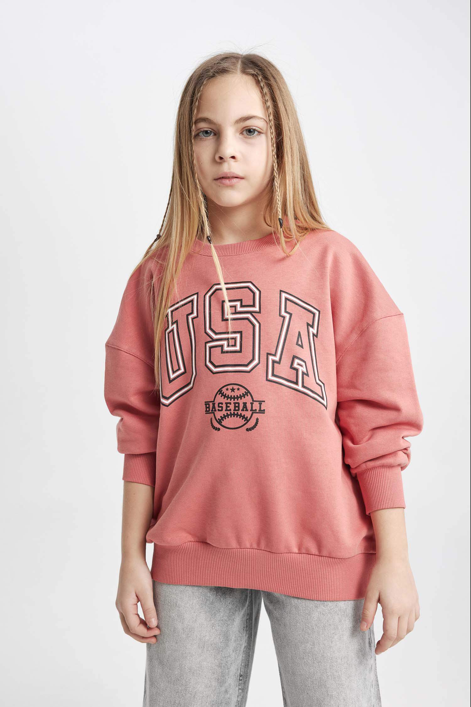 Kız Çocuk Oversize Geniş Kalıp Bisiklet Yaka Baskılı Sweatshirt