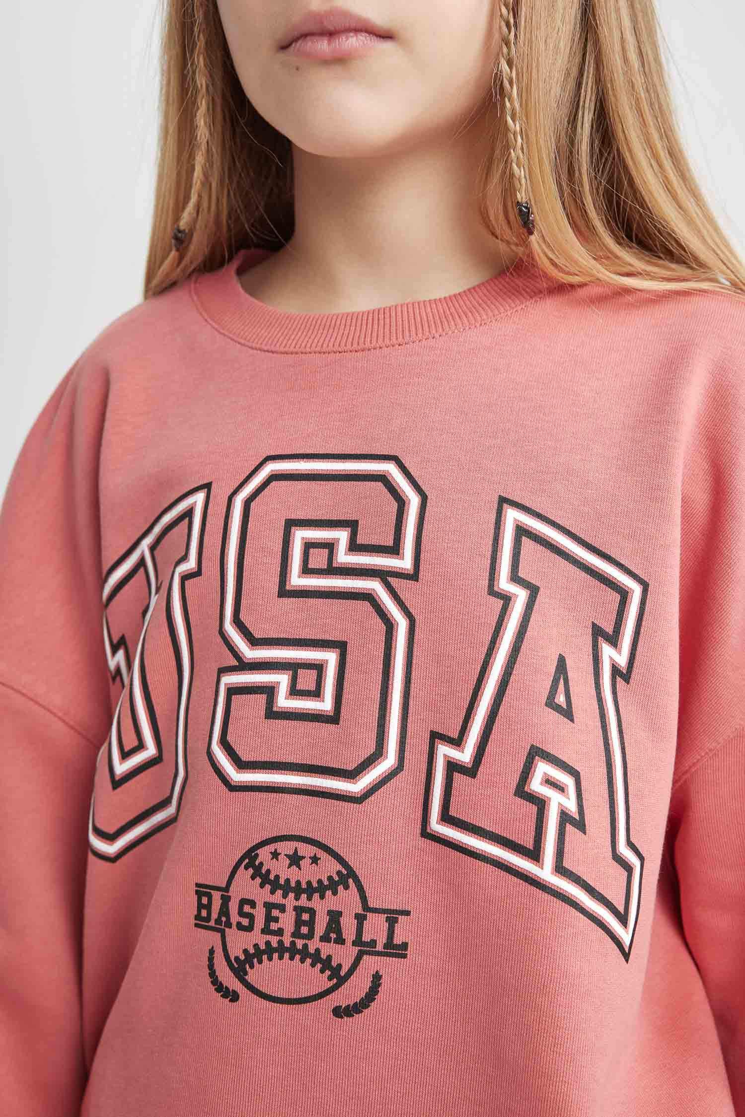 Kız Çocuk Oversize Geniş Kalıp Bisiklet Yaka Baskılı Sweatshirt