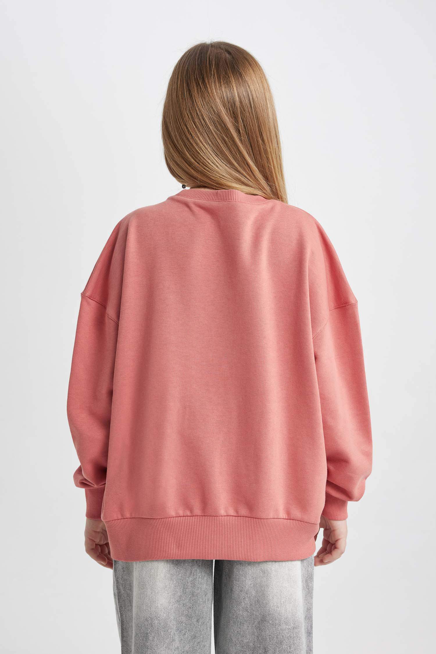 Kız Çocuk Oversize Geniş Kalıp Bisiklet Yaka Baskılı Sweatshirt