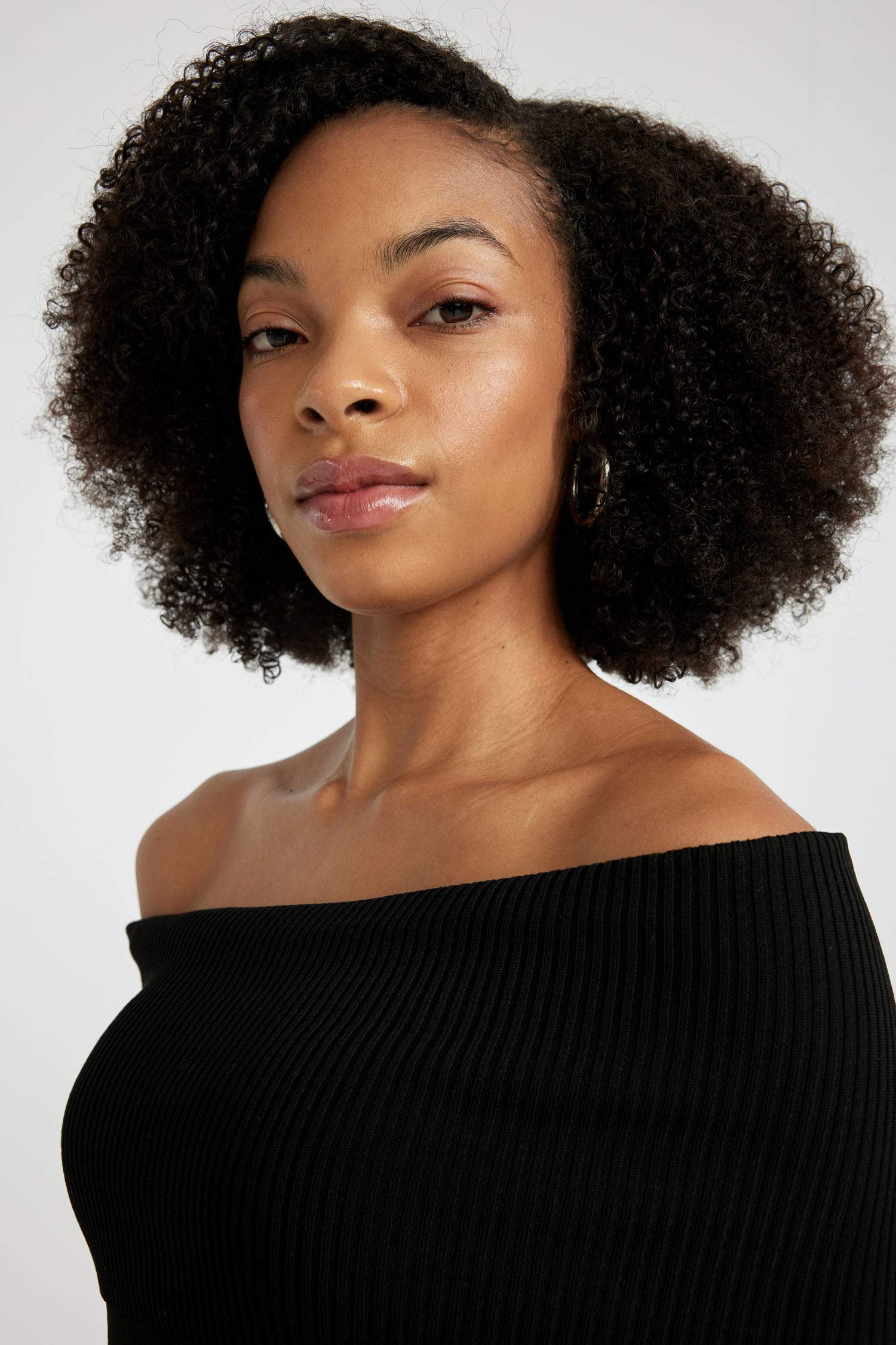 Slim Fit Dar Kesim Açık Omuz Basic Düz Uzun Kollu Midi Triko Elbise