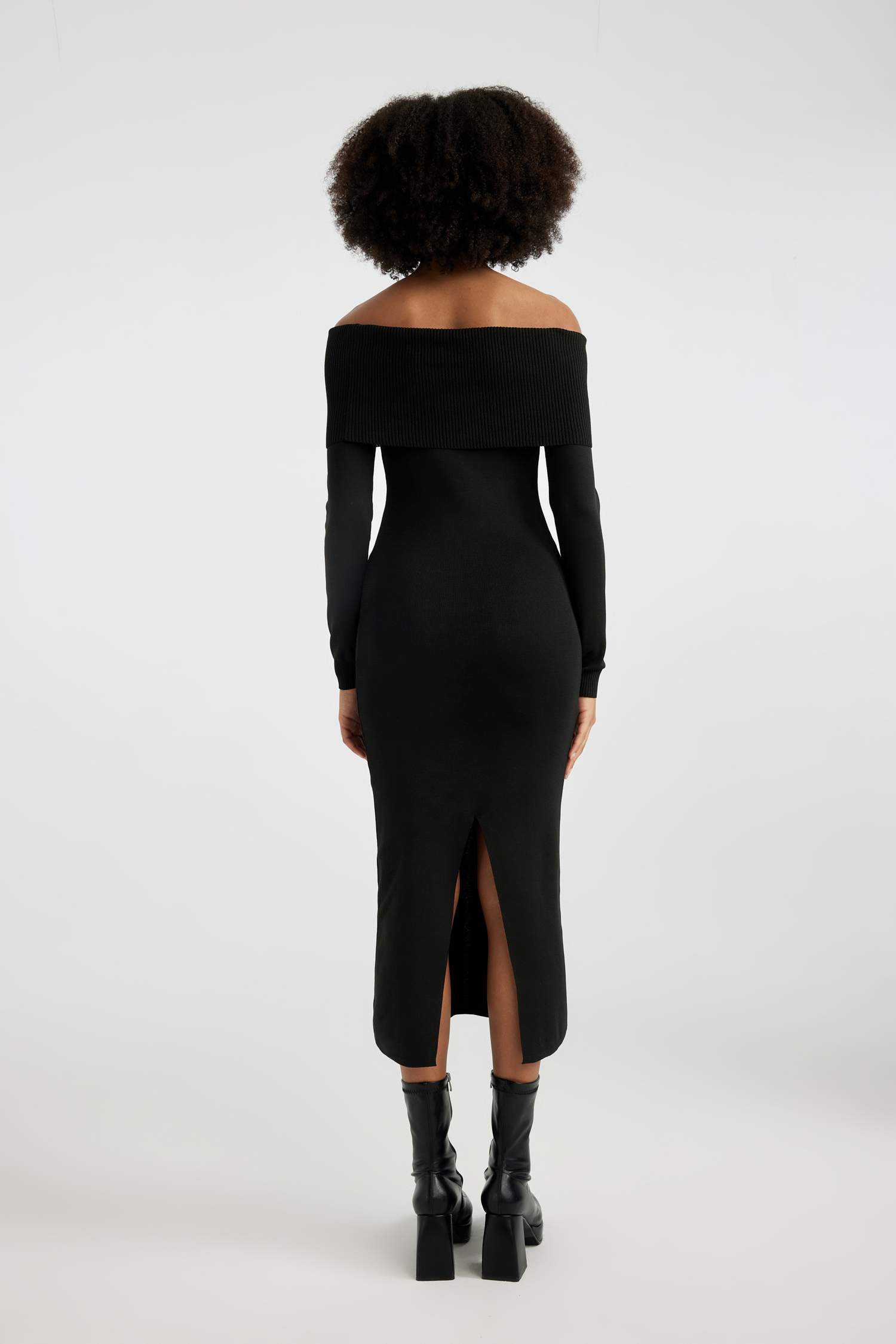 Slim Fit Dar Kesim Açık Omuz Basic Düz Uzun Kollu Midi Triko Elbise