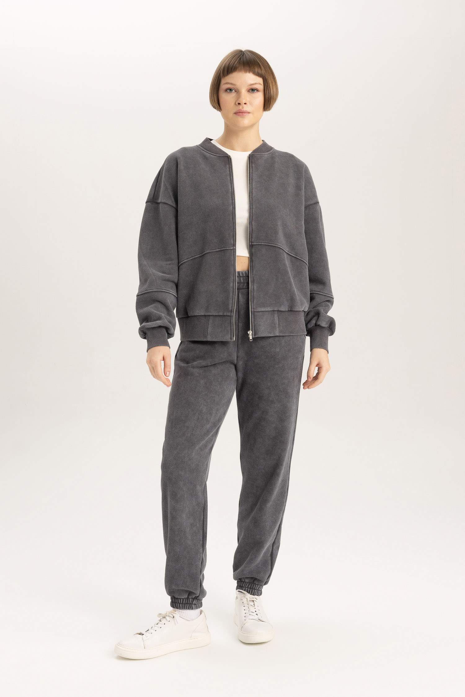 Relax Fit Bomber Collar Thick Sweatshirt Fabric Cardigan