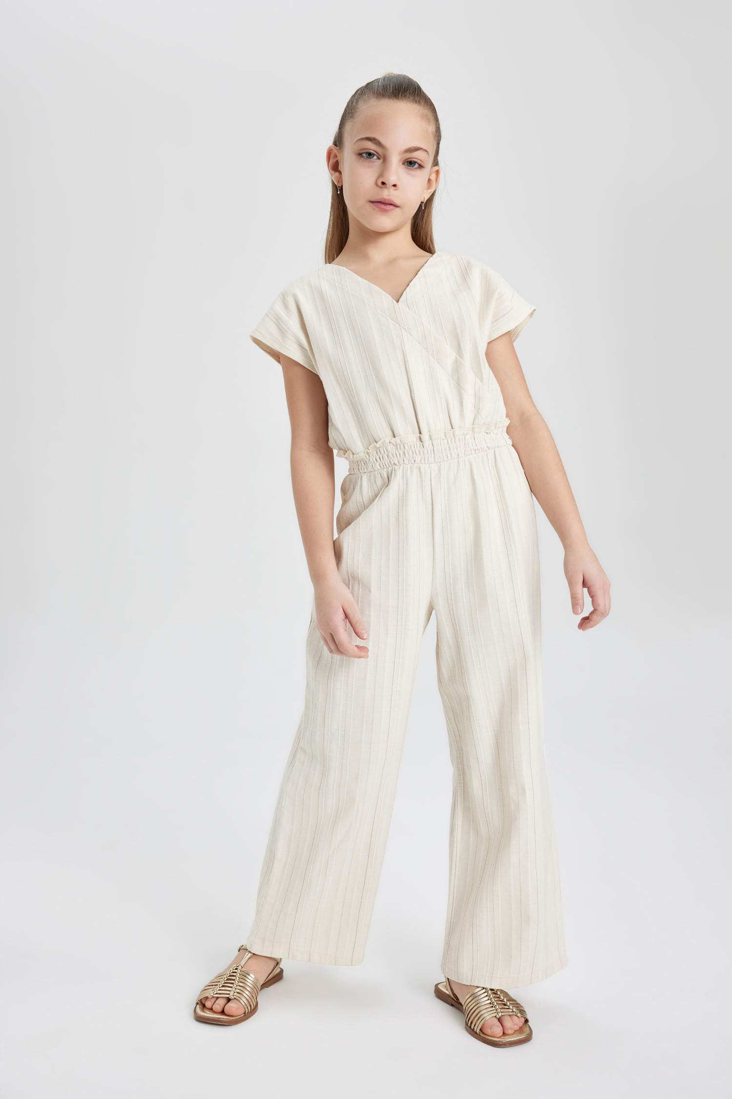 Kız Çocuk V Yaka Kısa Kollu Pamuklu Uzun Tulum