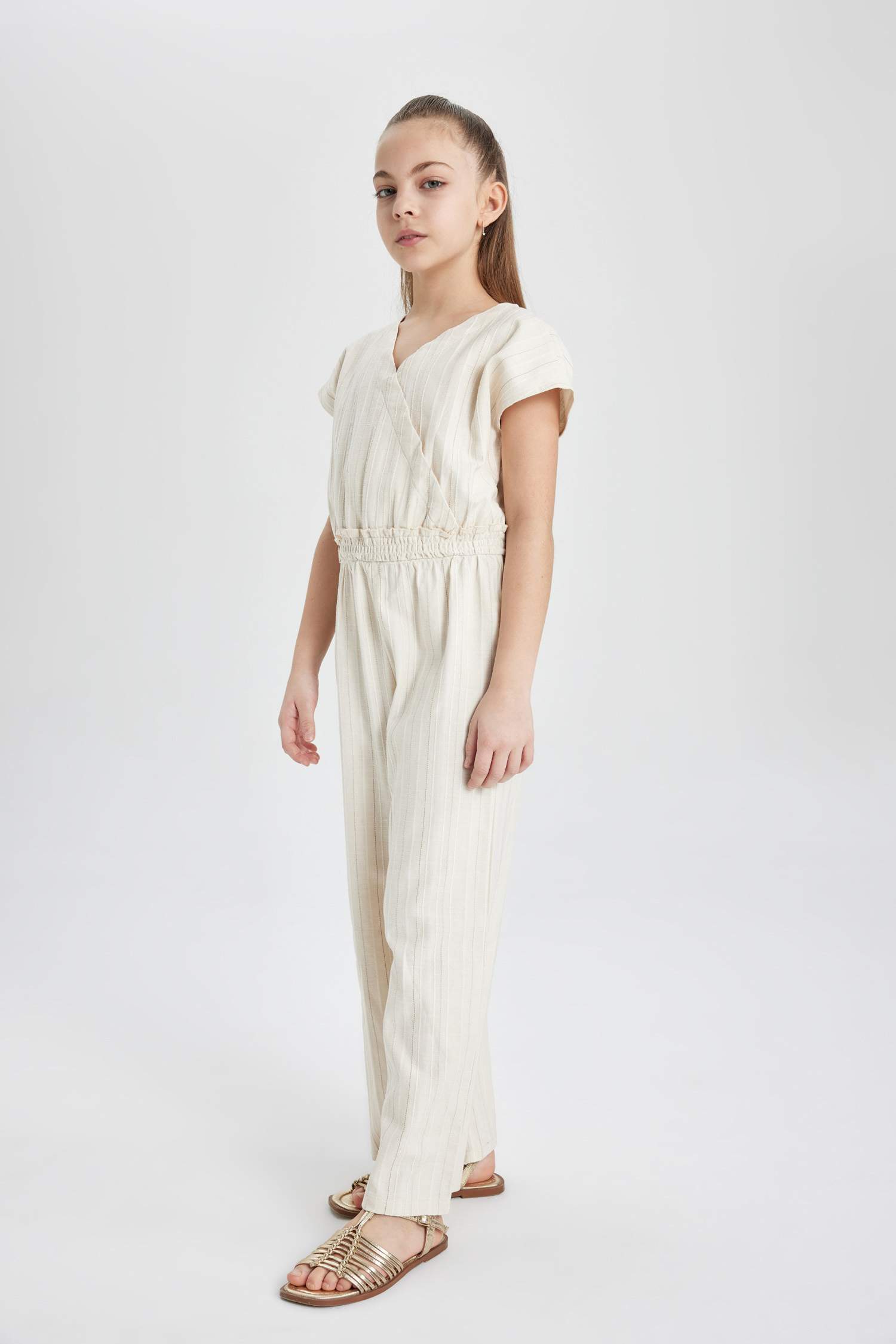 Kız Çocuk V Yaka Kısa Kollu Pamuklu Uzun Tulum