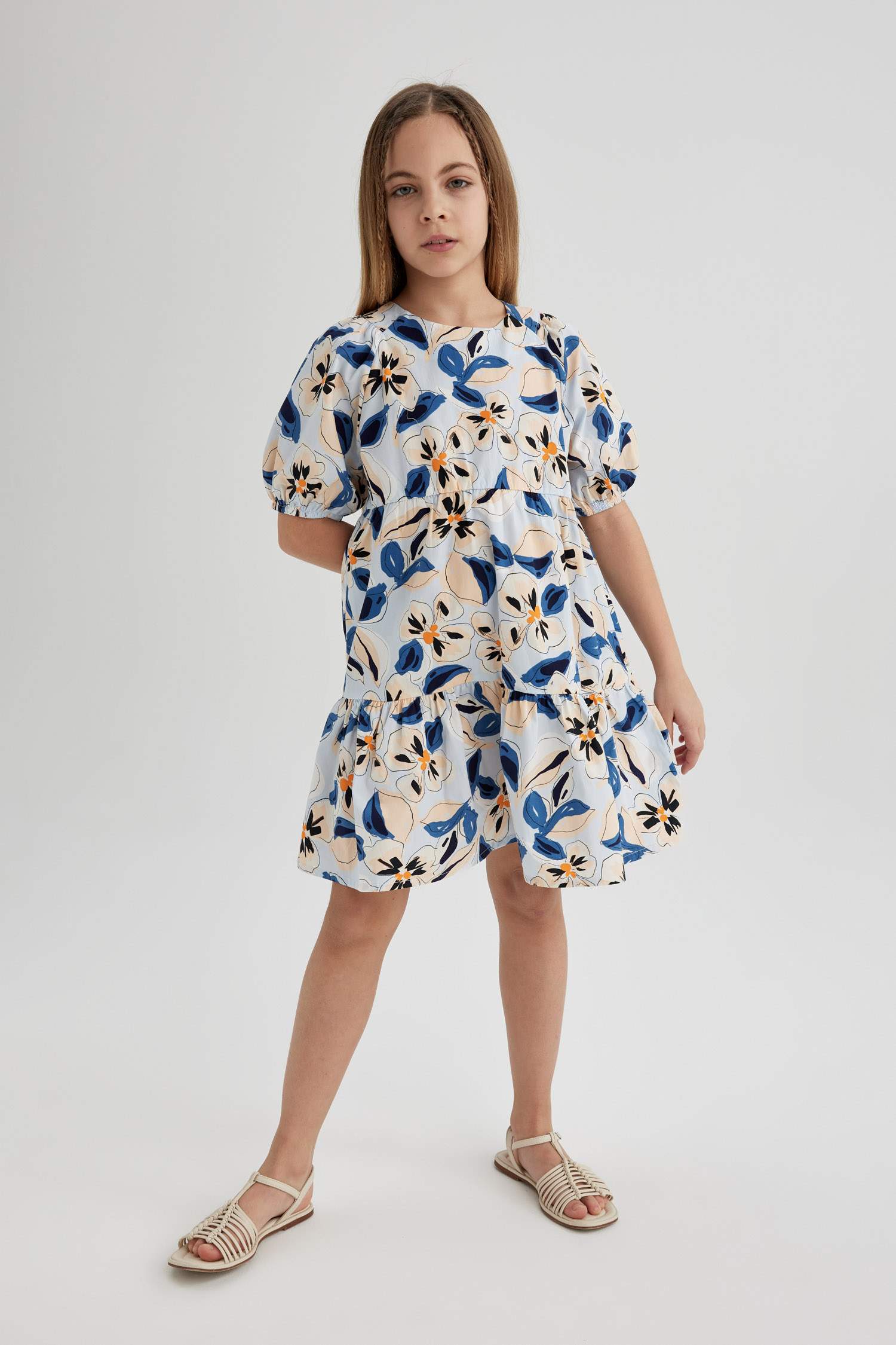 Girl Patterned Short Sleeve Poplin Dress