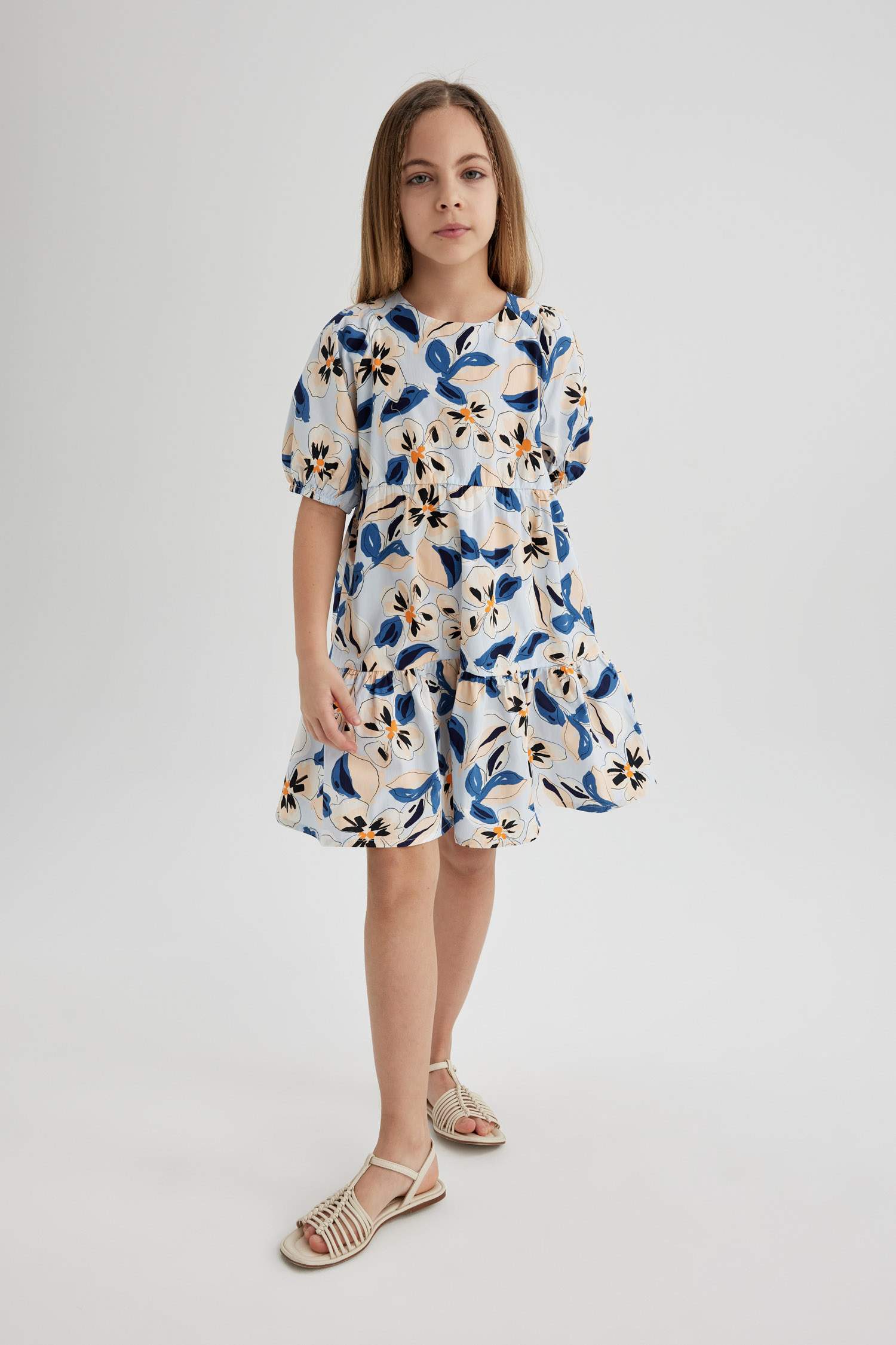 Girl Patterned Short Sleeve Poplin Dress
